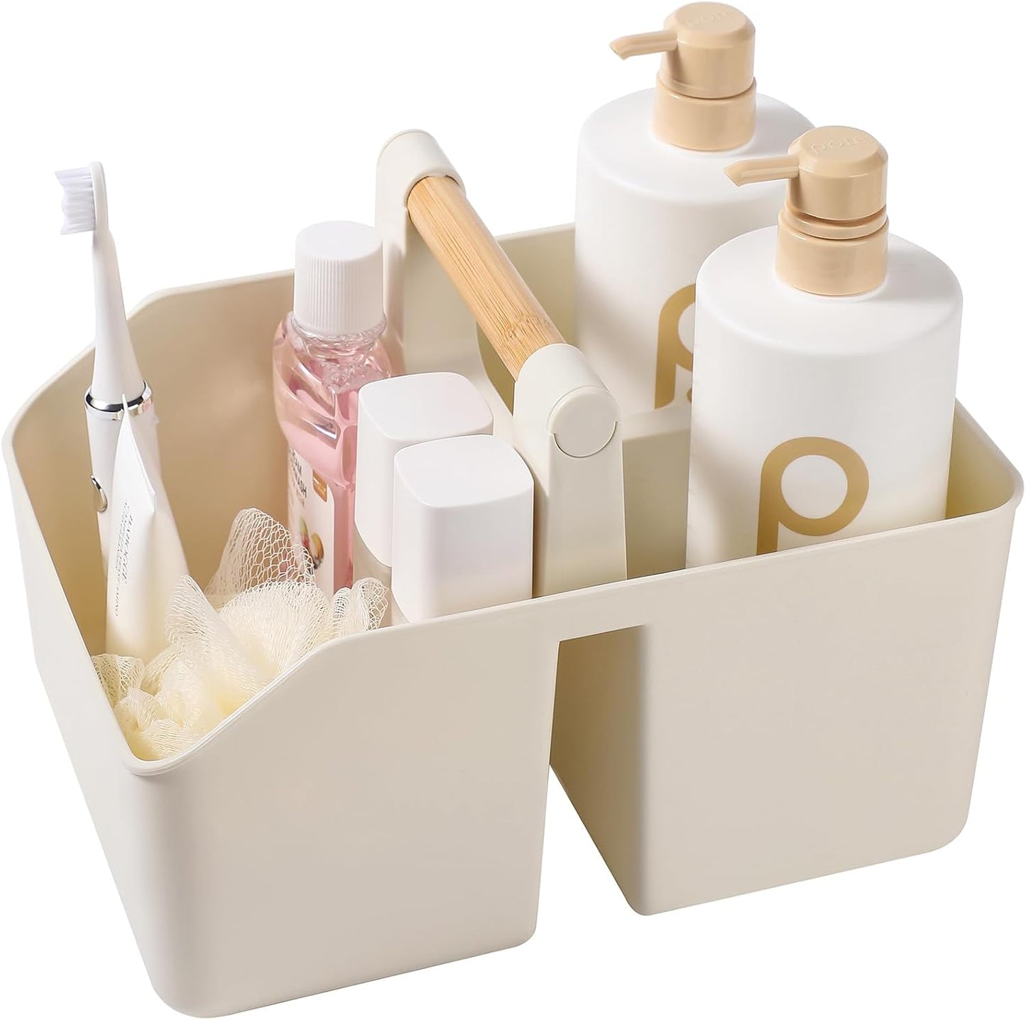 rejomiik Portable Shower Caddy Basket with Bamboo Handle, Plastic Cleaning Caddy Bathroom Organizer Tote for College Dorm Essentials, Bath Toy Storage, Cream