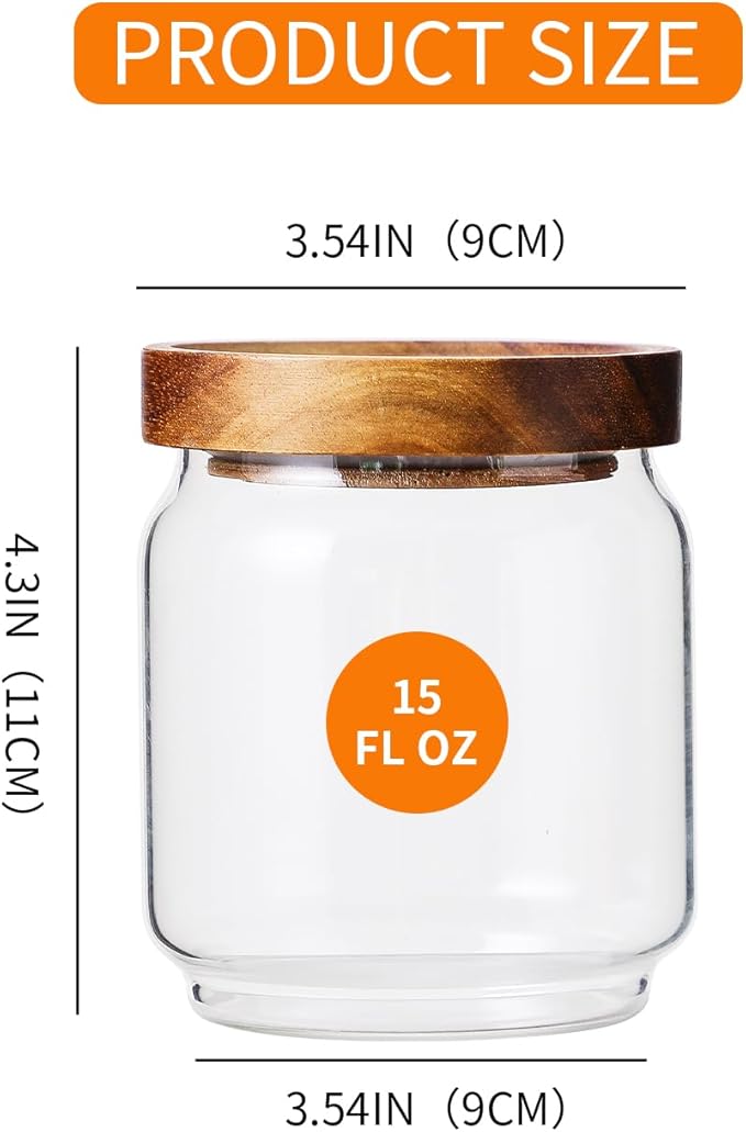Glass Jar with Lid 3.54 Inch Wide, 15 OZ Small Airtight Food Storage Containers Glass Set for Coffee Beans| Sugars| Candy, 2 Pack