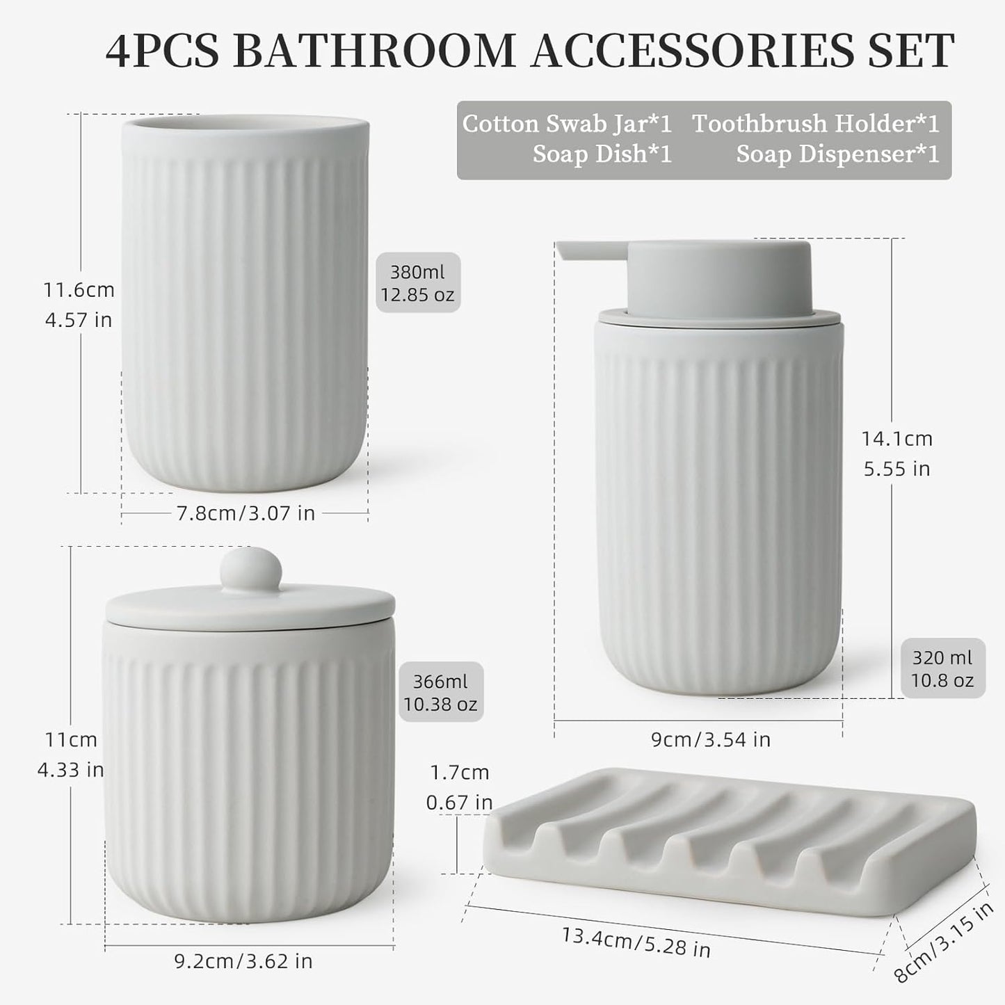 BosilunLife Light Grey Bathroom Accessories Set - Ceramic Bathroom Counter Soap Set Bathroom Decor Sets Accessories Bathroom Foam Soap Dispenser and Toothbrush Holder Set, Soap Dish, Apothecary Jars