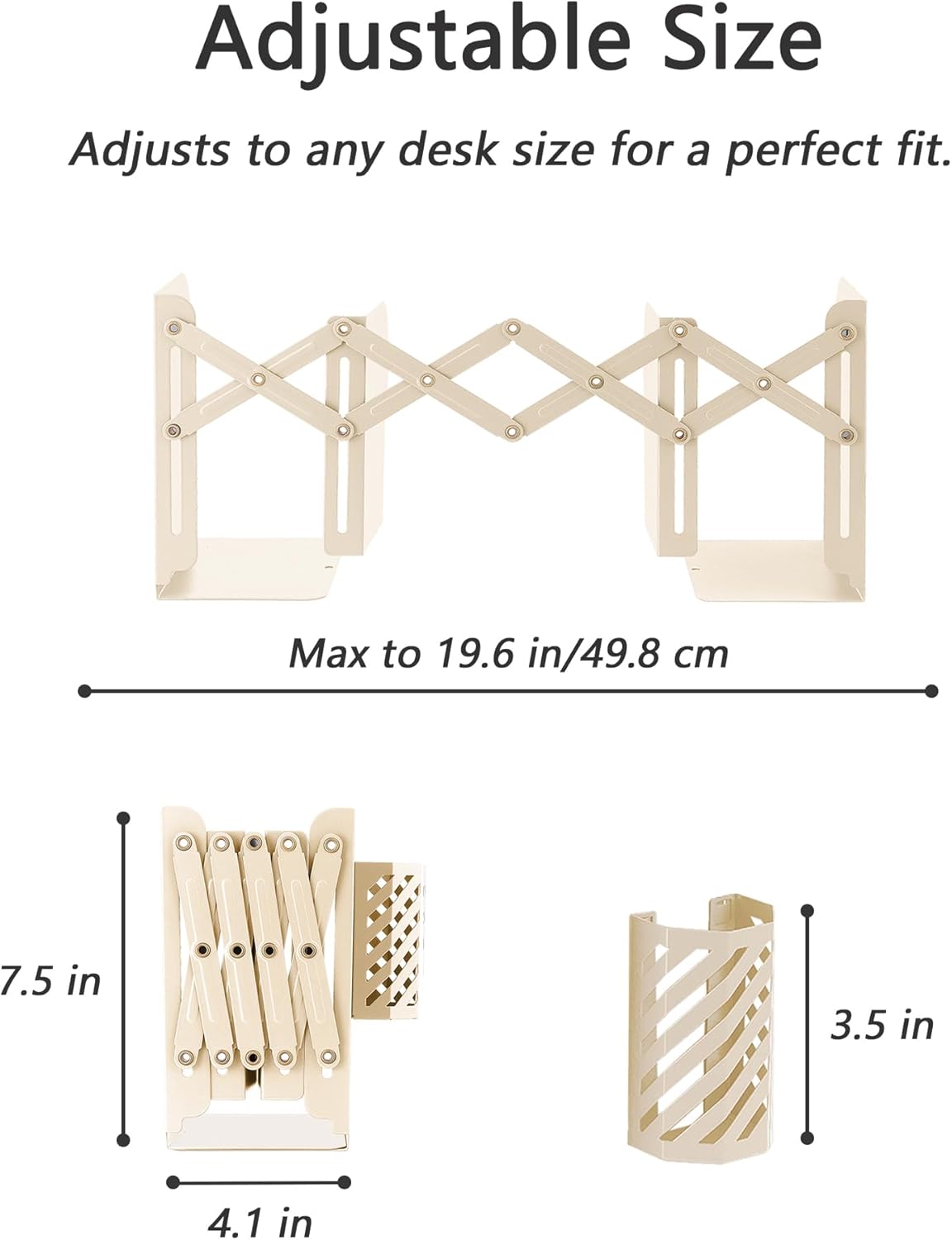 Kingsmile Book Ends, Adjustable Bookends for Shelves, Metal Bookends for Heavy Books, Book Stopper Organzier with Pen Holder for Desk, Kids Room, Office, Classroom, Library, Study Room.(Light Beige)