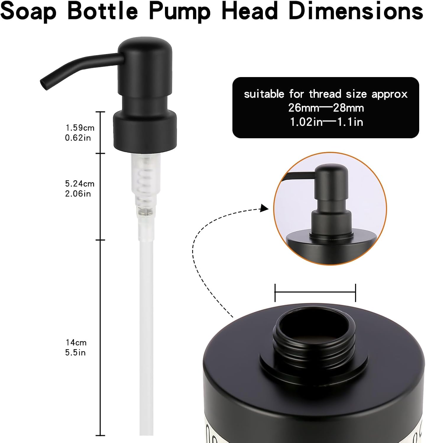 2 Pack Soap Dispenser Pump Head Replacement 304 Stainless Steel for Standard 28/400 (26 mm - 28mm / 1.02 in-1.10 in) Neck Size, Kitchen Bathroom Lotion Refill Dispenser (Black)