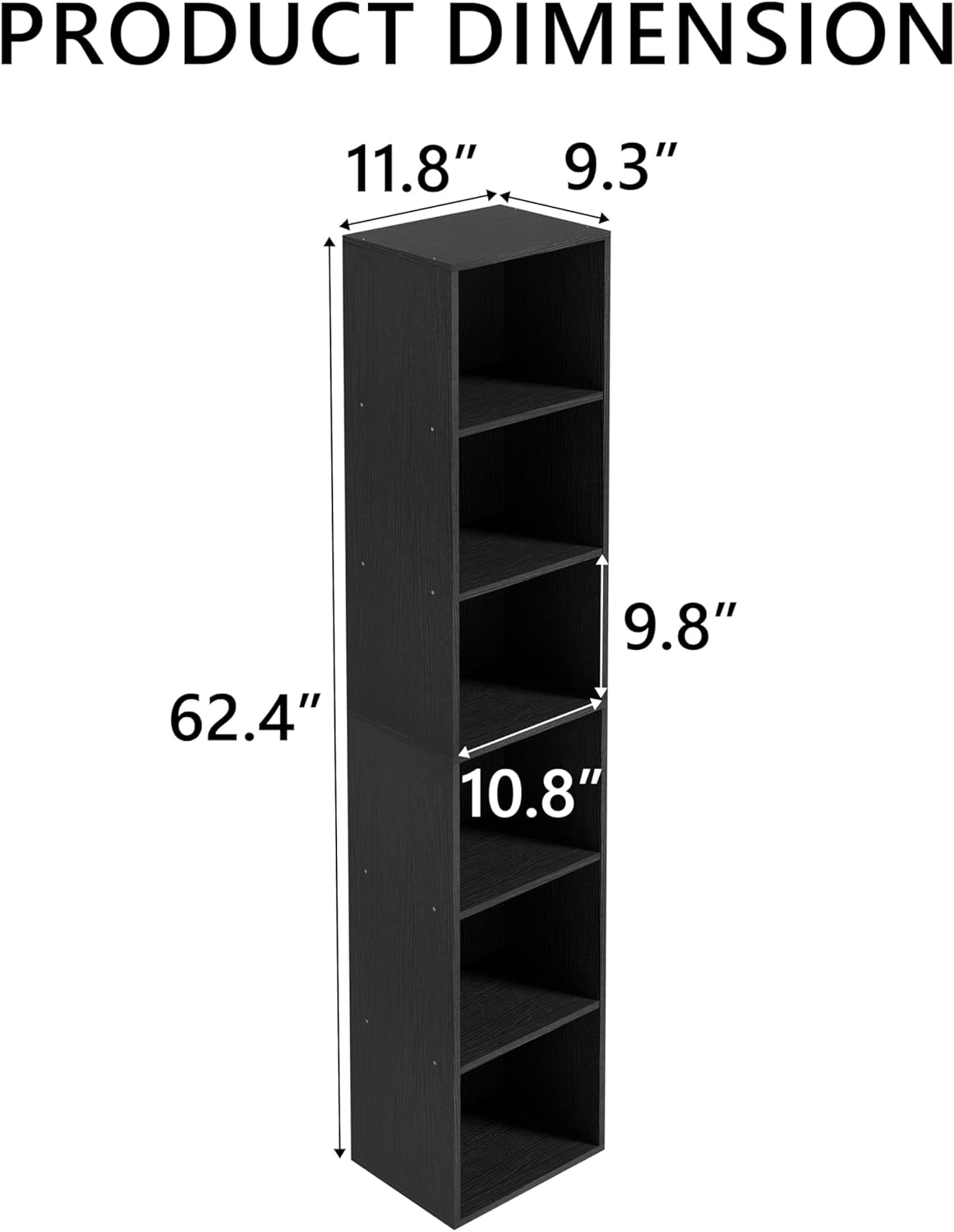 Wooden 6 Cube Storage Organizer, 6 Tier Storage Cubes Storage Display Cubby, 62 Inch Tall Versatile Cubes Shelf and Cubby Organizer for Any Space (Black, 6 Cube-W(11.8inch)
