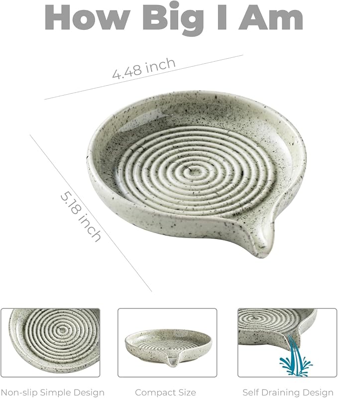 Soap Dish with Self-Draining Design, Ceramic Soap Holder with Drain Spout Soap Tray for Shower, Bathroom and Kitchen Sink, Keep Bar Soap Dry, Speckled Glaze