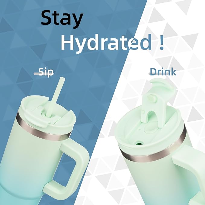 40 oz Tumbler with Handle and 2 Straws,2 in 1 Lid Insulated Water Bottle Stainless Steel Travel Coffee Mug,Mint