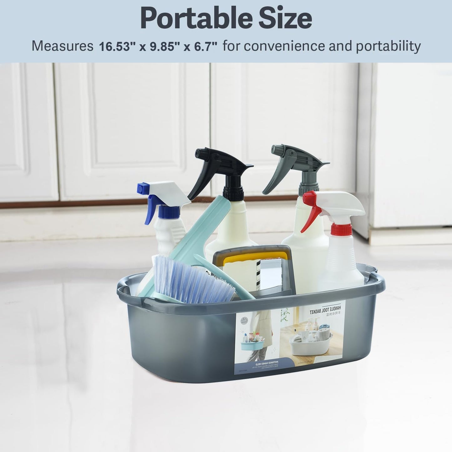 Large Cleaning Caddy with Handle, Cleaning Tool Storage Basket Organizer, Sturdy Pail Bucket Organizer, Household Bucket for Cleaning Supplies - Clear Grey