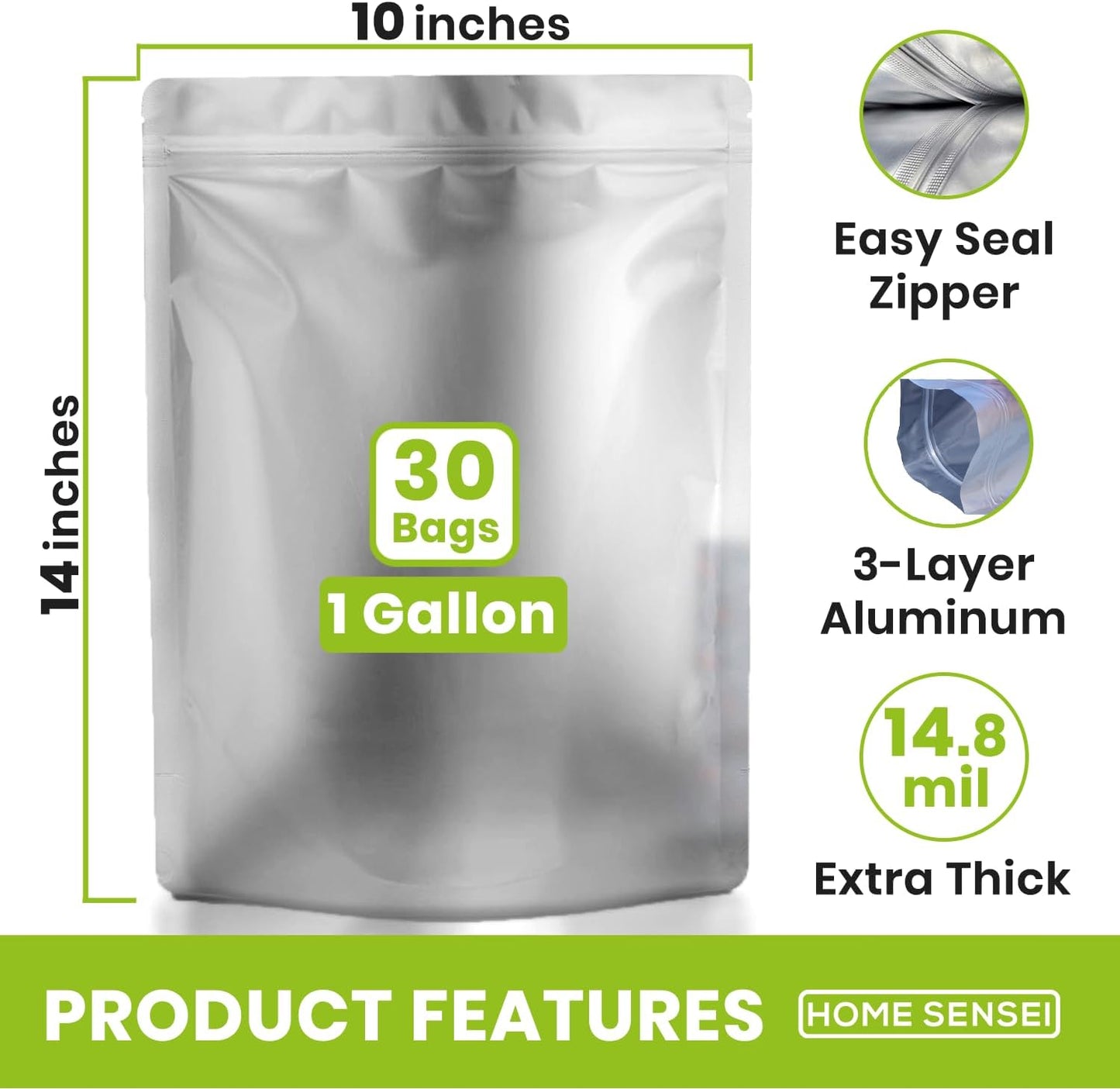 30 Mylar Bags for Food Storage 1 Gallon - Extra Thick 15 Mil - Long Term & Food Grade - Mylar Bags with Oxygen Absorbers 400cc- Zipper, Resealable, Stand-up Gousset - Bolsas Mylar con Abosrbentes