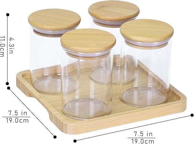 Qtip Holder with Vanity Tray - 4 Pack Glass Apothecary Jars with Lids, Cotton Ball Swab Pad Floss Pick Holder, Bathroom Organizers Jars Containers Canisters Accessories Set