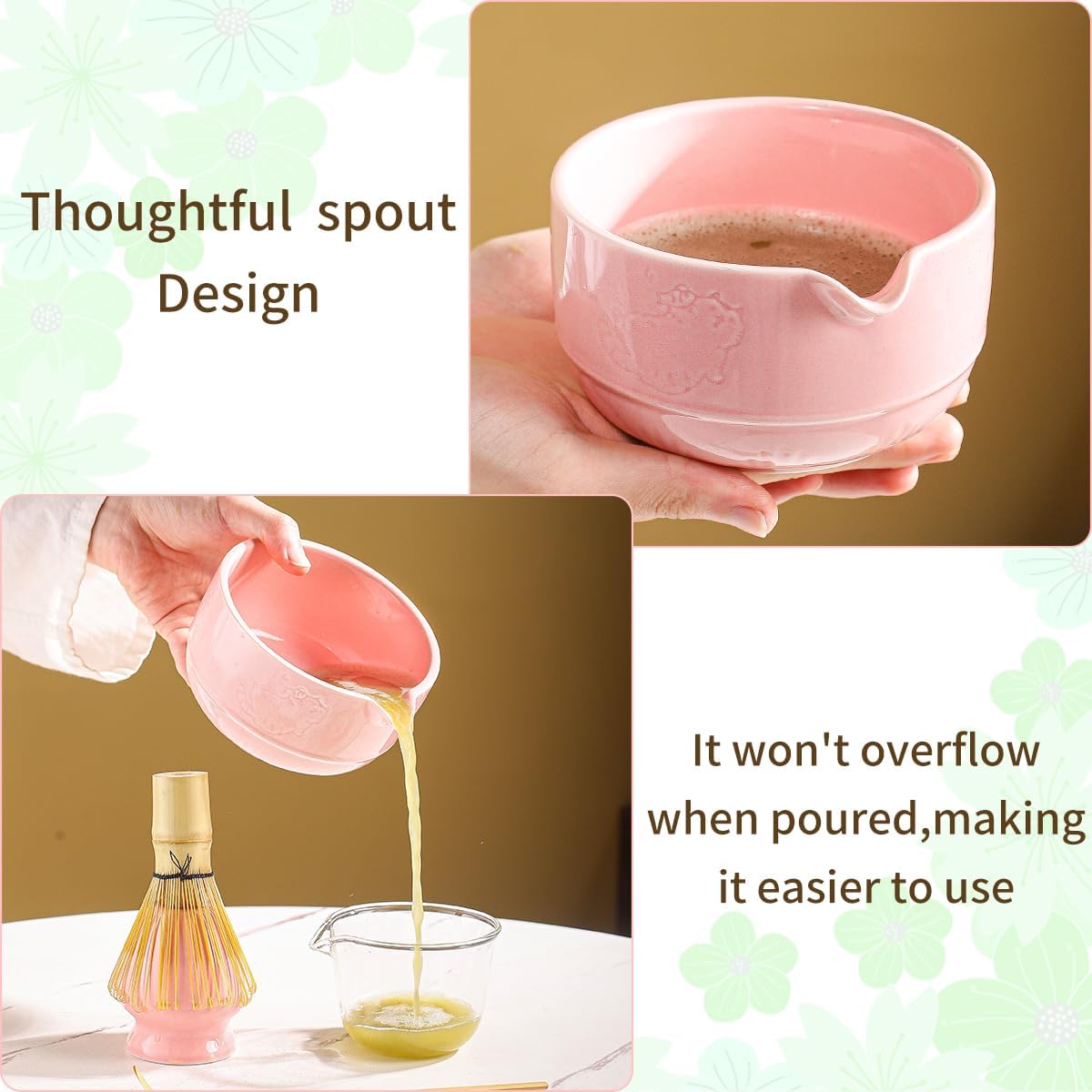 Matcha Tea Set, 5-Piece Ceramic Matcha Bowl & Whisk Kit with Cute Cat Pattern, Traditional Japanese Chawan, Scoop & Sifter, Perfect for Tea Ceremony, Gift for & Tea Lovers (pink)