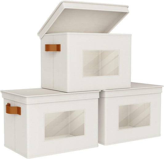 Univivi Storage Boxes with Lids Fabric Foldable Storage Bin for Clothes, [3-Pack] Closet Organizer Containers boxes with Handles for Home, Bedroom, Closet Storage (Beige,17” x 12” x 12")
