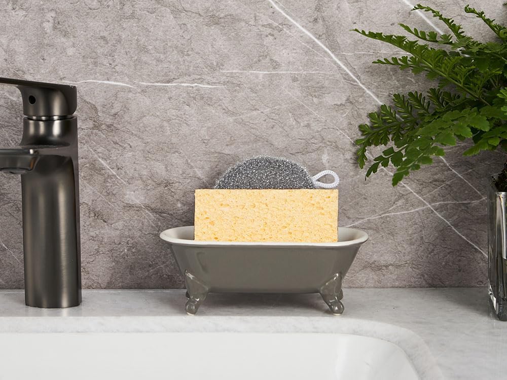6.5" Ceramic Mini Decorative Clawfoot Bathtub Bar Soap Dish, Kitchen Sponge Holder and Shower Tray for Bathroom, 1 Pack(Stone Gray)