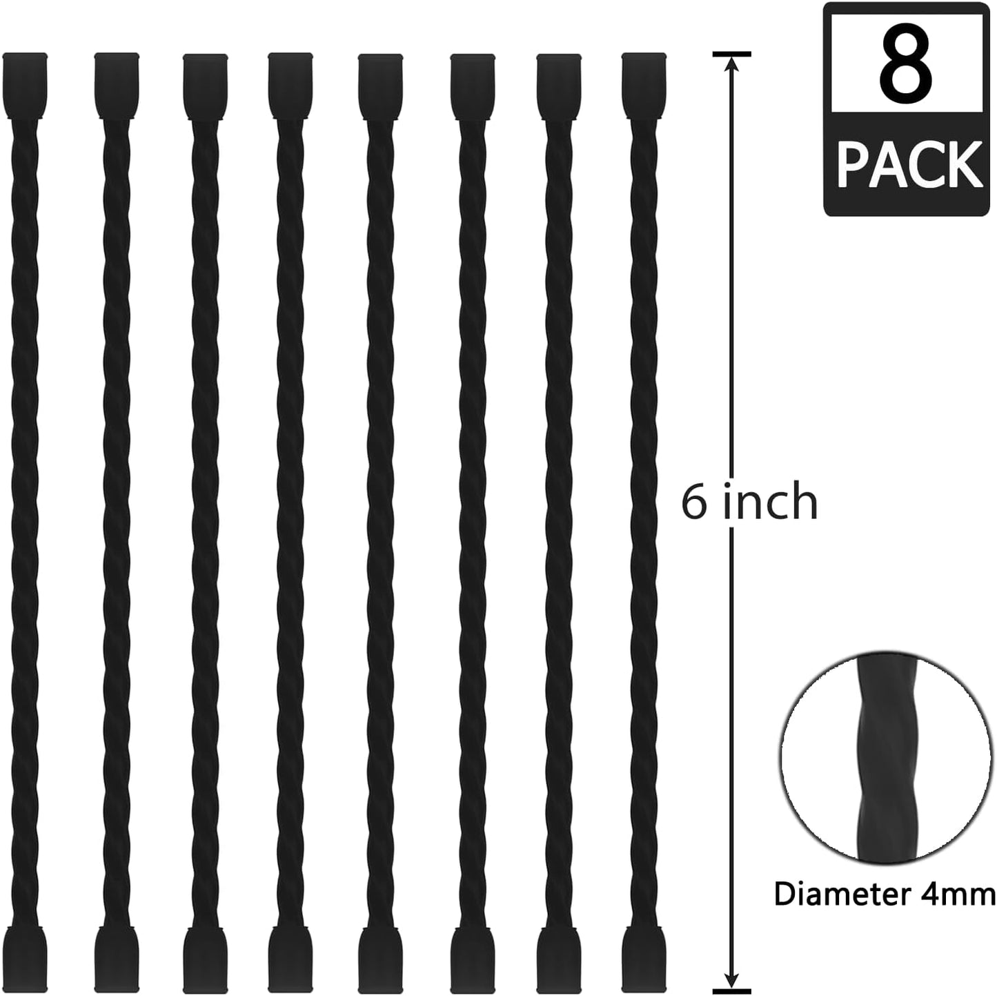 8PCS Silicone Cable Ties 6-Inch Reusable Twist Ties Steel-Core Cable Tie Straps Organizer All Purpose Bendable Cord Tie for Indoor Outdoor Bundling Holding Securing and Wrapping Cables (Black)