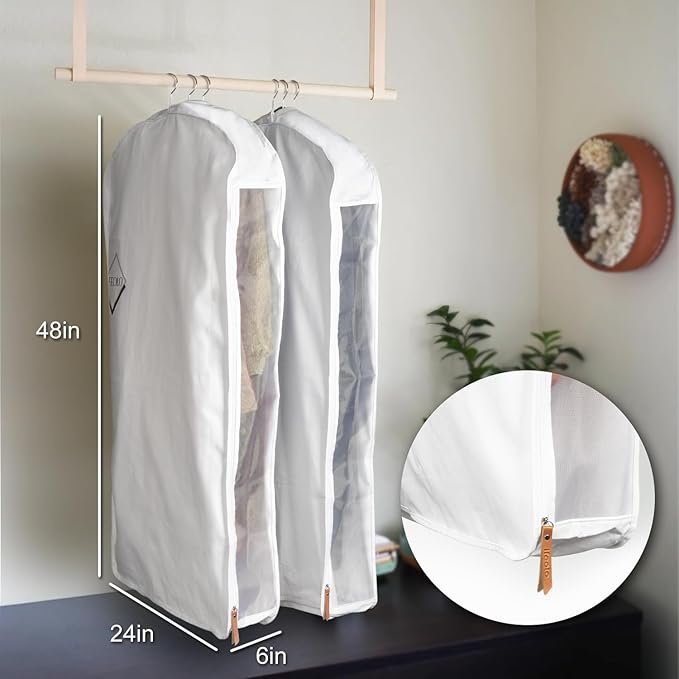 1PC Luxury 48'' Organic Cotton Garment Storage Bag | 4 Cedar Blocks for Fresh Smell| Breathable Garment Bag for Hanging Clothes for Closet Best for Suits, Sweaters, Short Dresses, Gowns