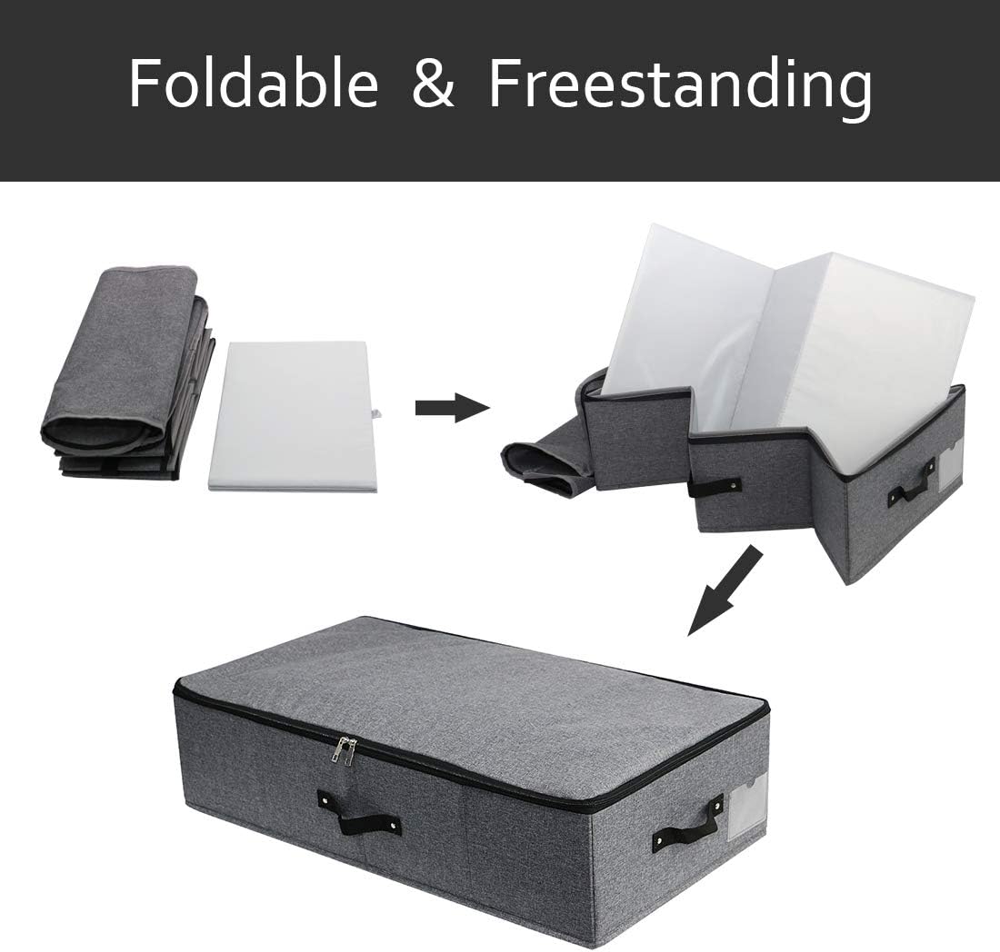 AMJ 29.5"*15"*7", Rigid Under Bed Garment Storage Bins, Folding & Washable, Soft Zip Lid, Black Gray