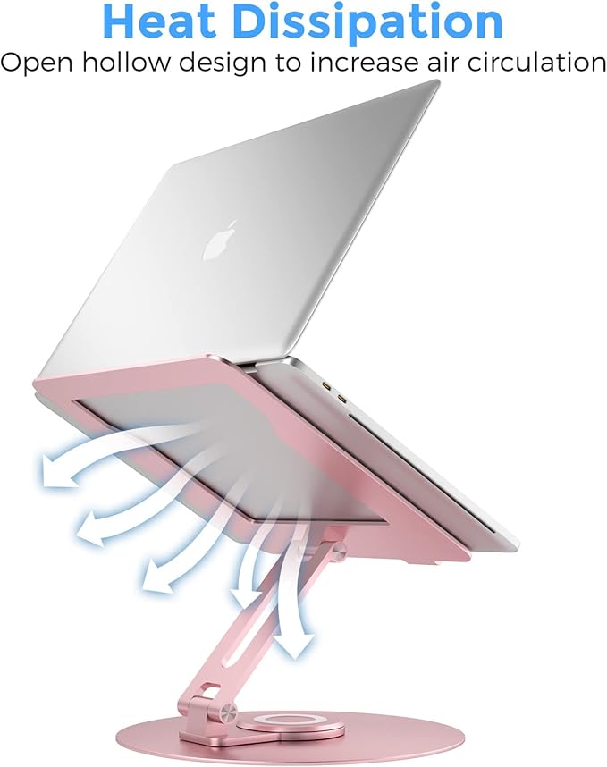 Swivel Laptop Stand for Desk, Adjustable Height Aluminum Computer Stand with 360 Rotating Base, Foldable Ergonomic Riser, Portable Laptop Holder Compatible with MacBook, All Laptops 10-17'', Pink