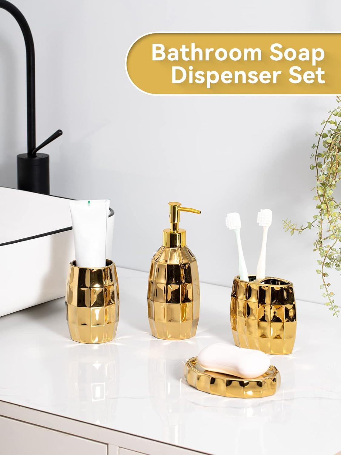 Bathroom Accessories Set, Golden Mosaic Ceramic Bathroom Accessory Sets Include Lotion Dispenser, Toothbrush Holder Tumbler, and Soap Dish