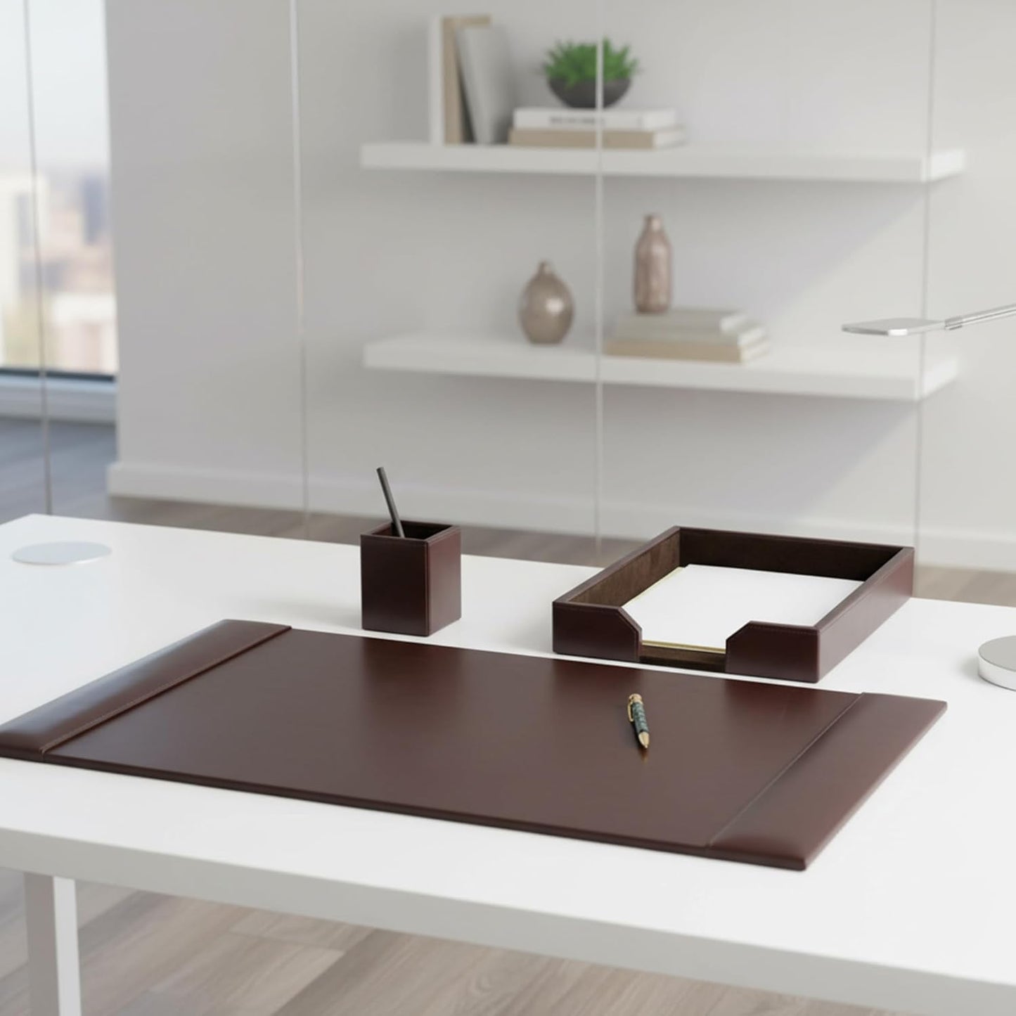 Dacasso Bonded Set Luxury Leather Desk Pad & Desk Organization Essentials, 3 Piece, Dark Brown