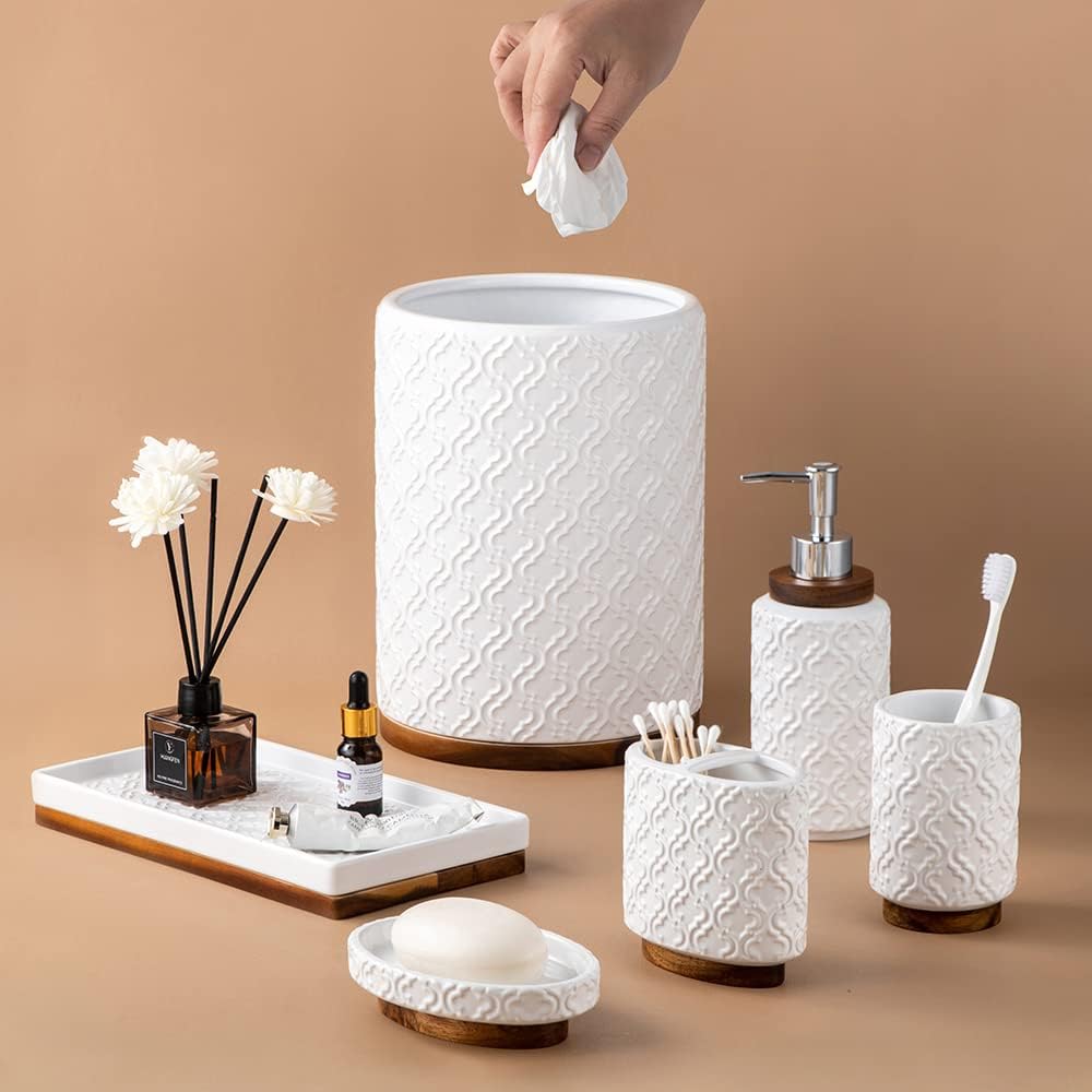 Bathroom Accessories Set 6 Pcs Ceramic Wooden Bathroom Set with Soap Dispenser Toothbrush Holder Tray Tumbler Soap Dish Trash Can（White）