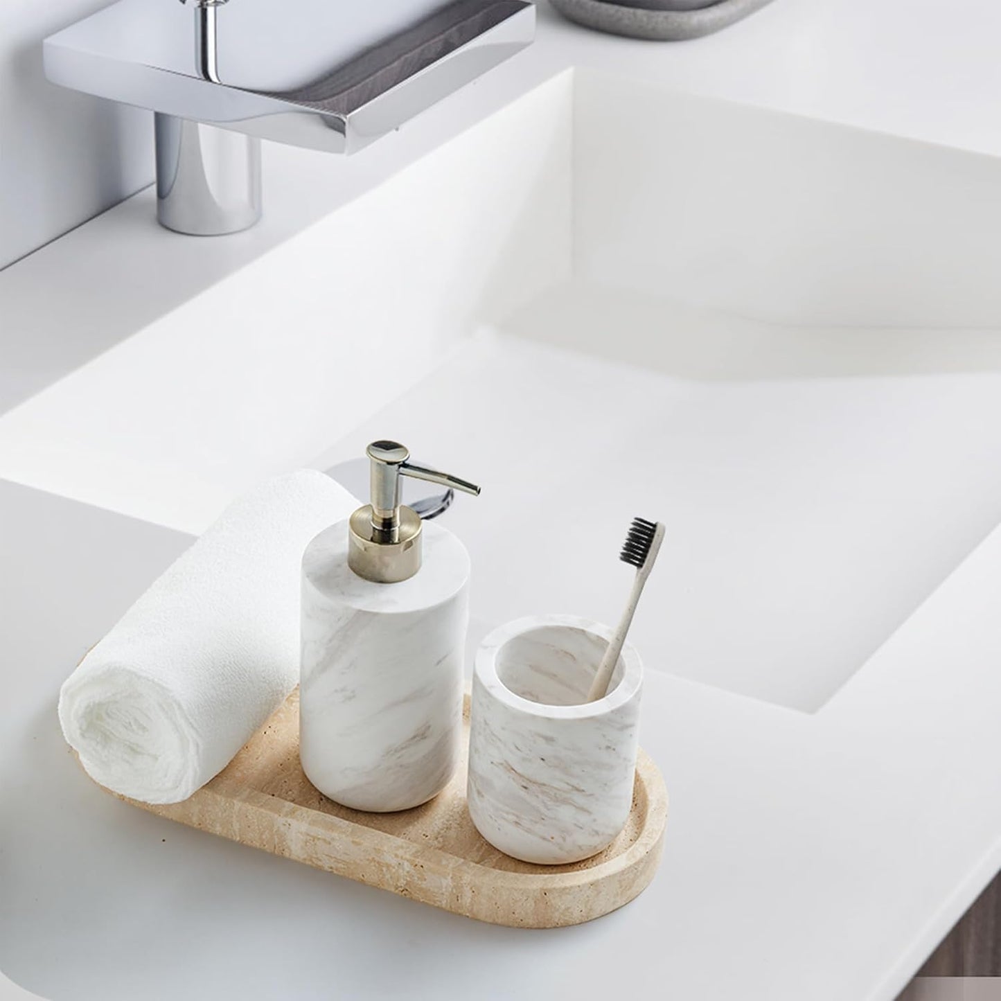 WORHE Marble Vanity Tray 11.8" x 5" Italy Natural Travertine Stone Decorative Trays for Jewelry Candles Perfume, Countertop Storage Organizer for Bathroom Dresser Kitchen Home Decor Beige (WH033)