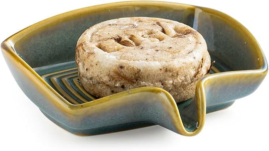 Self Draining Soap Dish, Ceramic Drain Soap Holder Waterfall Design Soap Saver for Shower, Bathroom, Sink, Kitchen and Countertop, Keeps Dry, Blue and Green