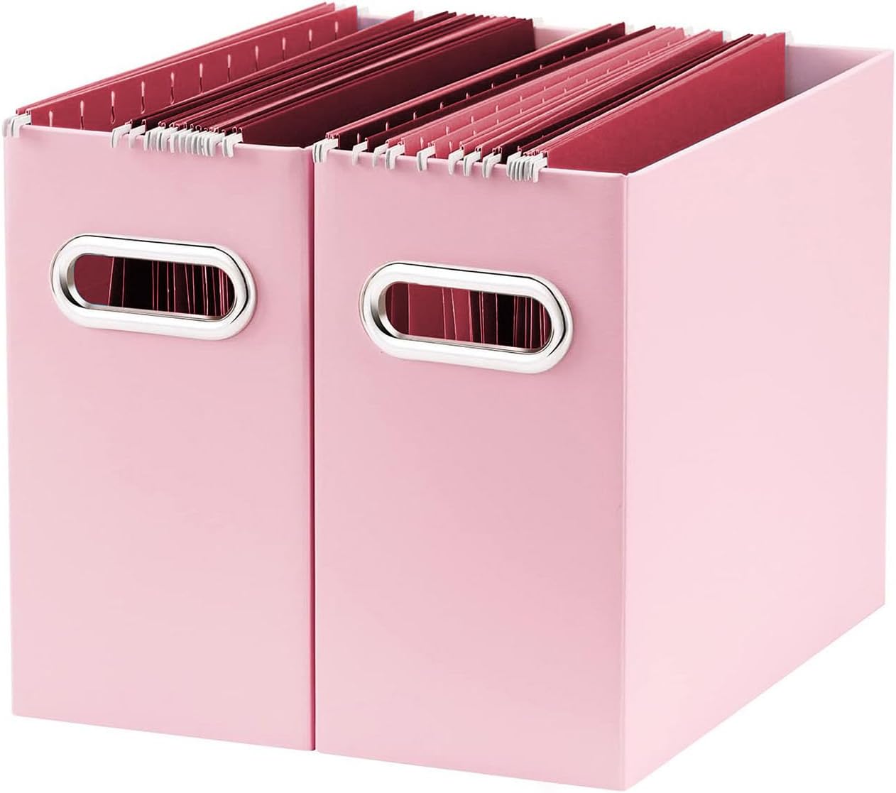 Oterri File Organizer, 2 Packs Small Storage Box, Cardboard File Folder Organizer, Collapsible File Box for Hanging File Folders Letter Size, Portable Filing Organizer with Handle（Pink）