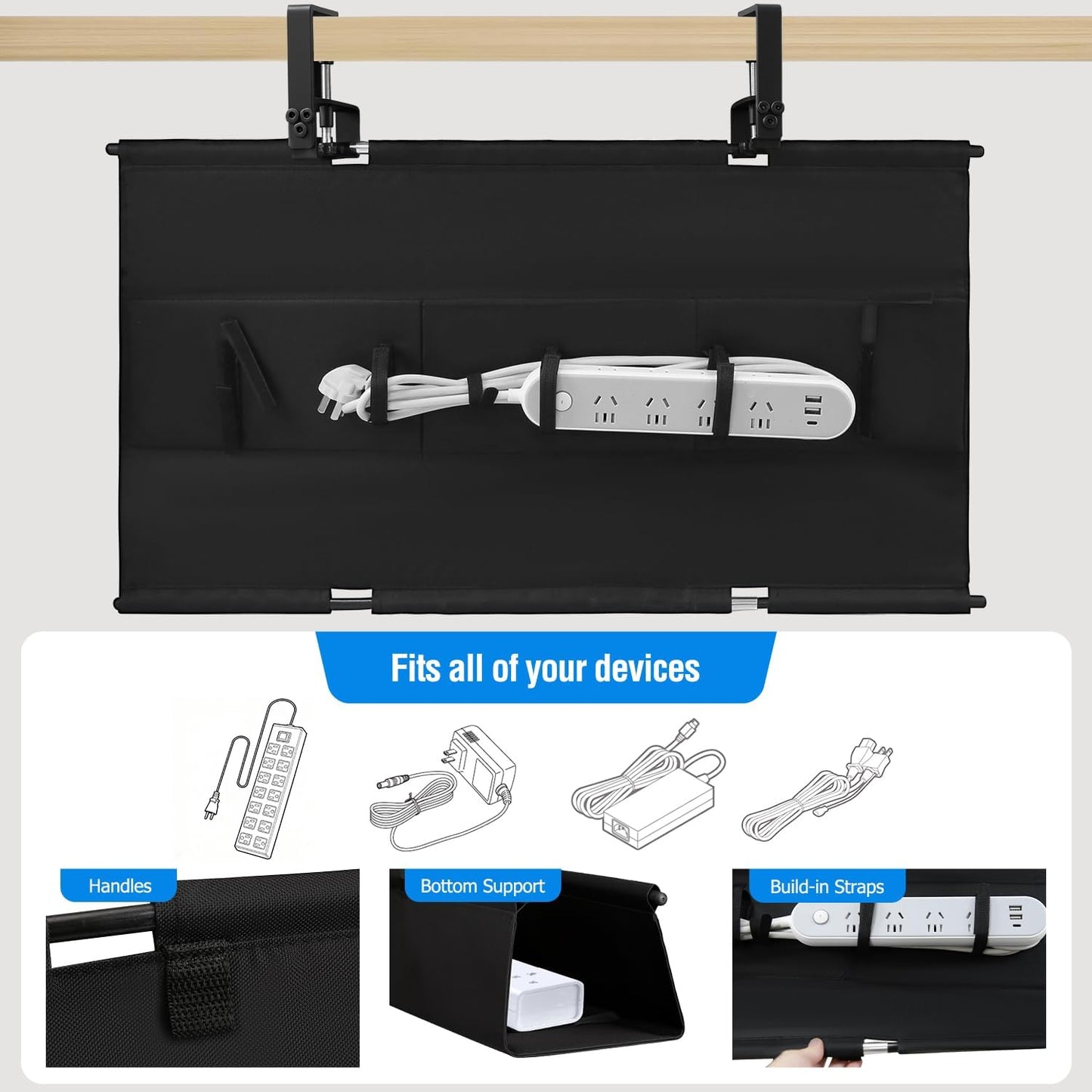 Under Desk Cable Management Tray - Heavy Duty No-Drill Clamp & Screw Mount, 36-Inch Cord Organizer for Home Office, Gaming Setup & Study Room, Holds Power Strip & Large Adapters
