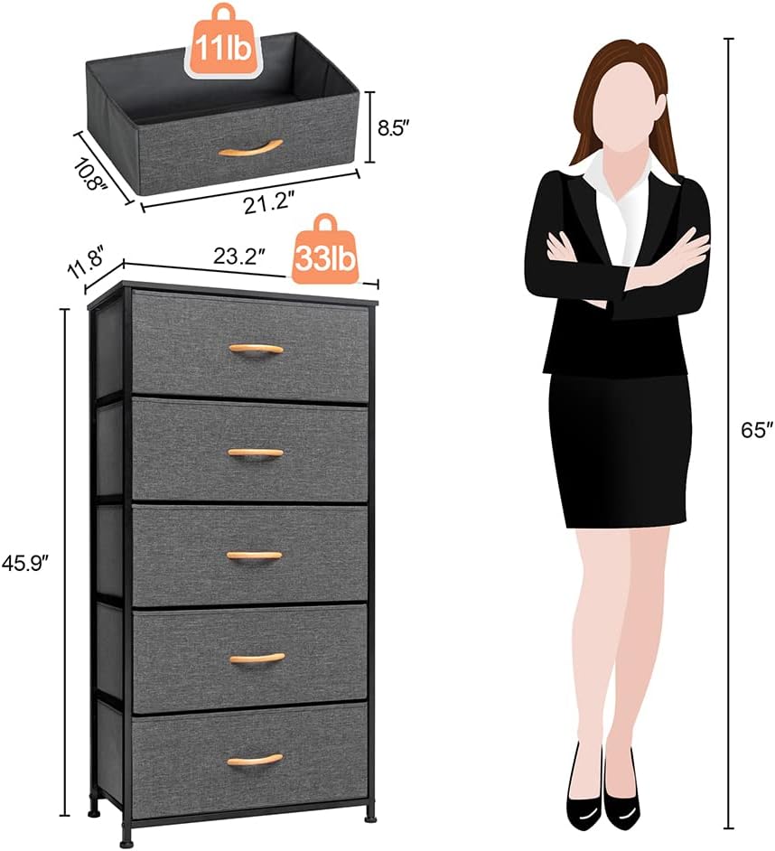 Crestlive Products Vertical Dresser Storage Tower - Sturdy Steel Frame, Wood Top, Easy Pull Fabric Bins - Wide Organizer Unit for Bedroom, Hallway, Entryway, Closets - 5 Drawers(Gray)