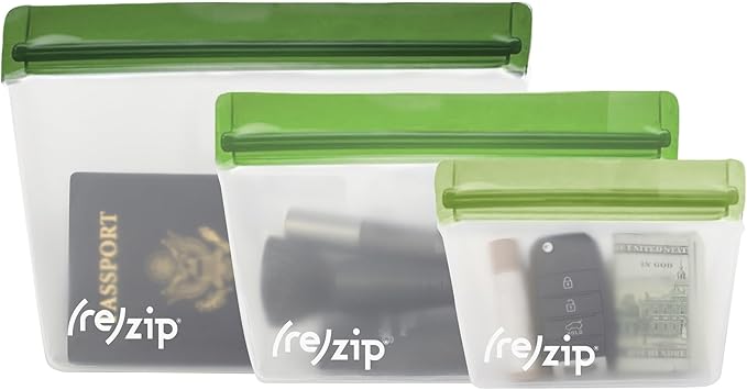 (re) zip 3-Piece TSA-Compliant Travel Bags | Stand-Up Style, Leakproof Storage for Toiletries, Cosmetics, Electronics, Snacks, Carry-On Organization | Quart (1), 2-Cup (1), Snack (1)