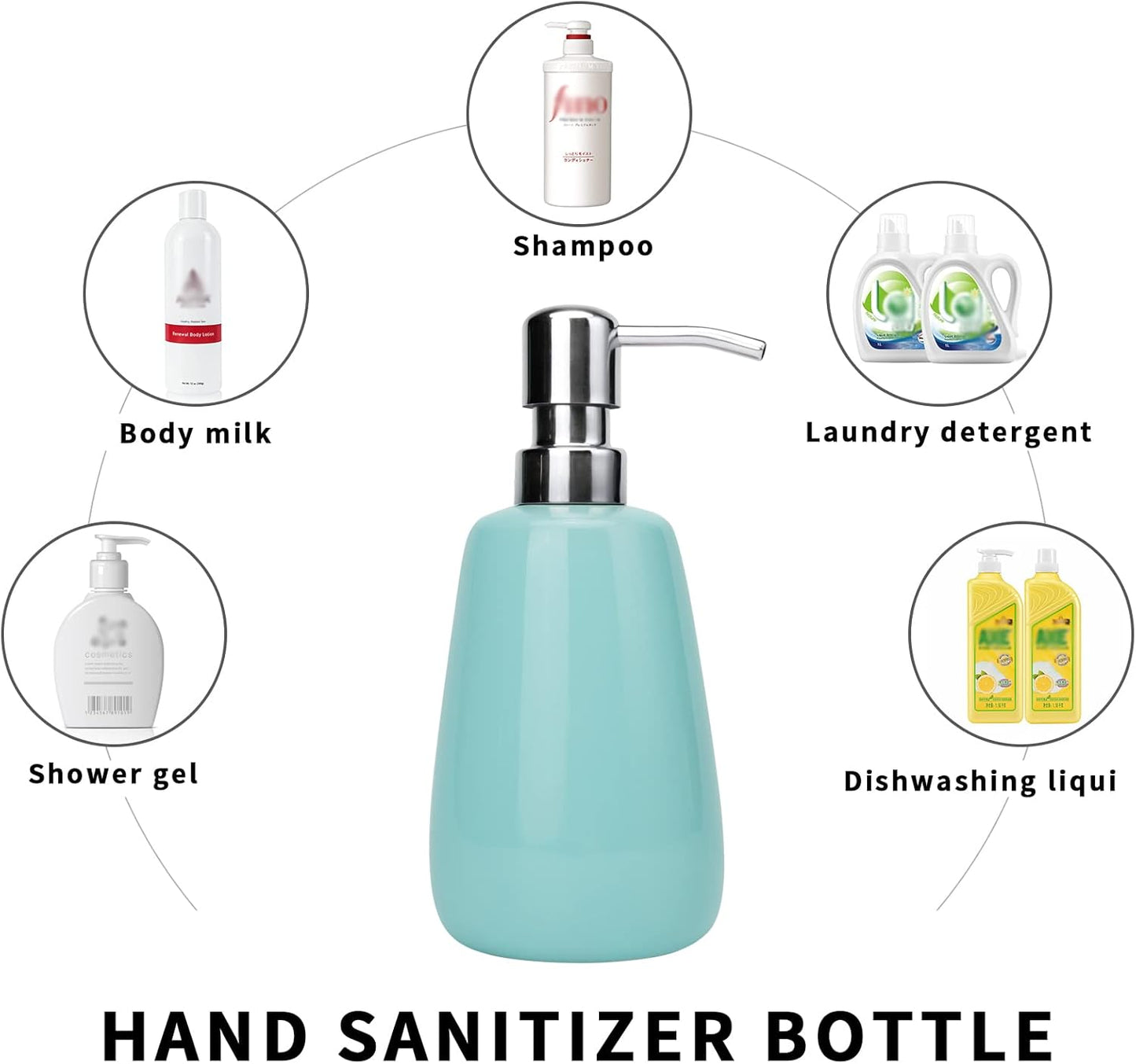 Hand Soap Dispenser Ceramics Bottles with Stainless Steel Pump Bathroom Empty Shampoo Bottles 10oz/300ml 2.76 inches Tall and 1.18 inches Wide