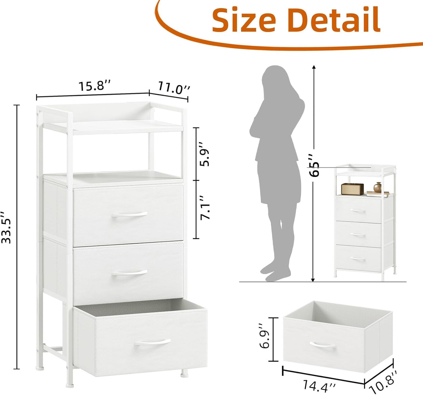 Somdot Nightstand with 3 Drawers, Dresser with Fabric Bins for Bedroom, Hallway, Entryway, Nightstand Bedside Table Furniture, Sturdy Steel Frame, Wooden Top, Easy Pull Fabric Bins, White Leather