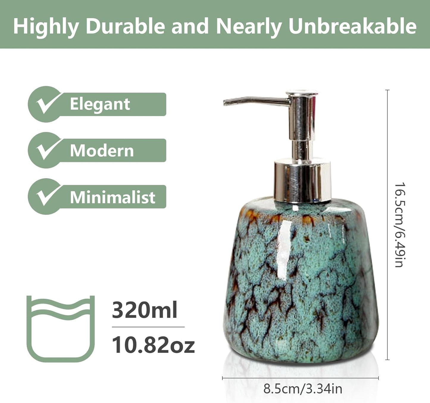 Jessie Hand Soap Dispenser,Green Ceramic Liquid Hand Soap Dispenser with Pump,Modern Vintage Refillable Hand Lotion Pump Bottle for Bathroom Kitchen Set 10.8 oz (Green)