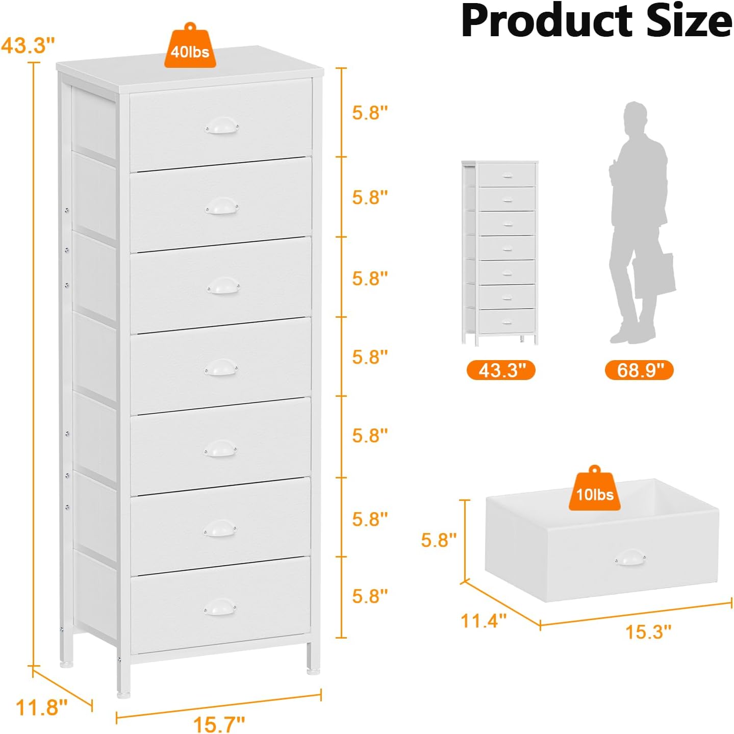 Furnulem White Tall Dresser for Bedroom with 7 Drawers, Vertical Chest of Drawer in Closet, Nightstand Storage Tower Unit Organizer with Fabric Bins for Dorm,Living Room,Entryway,Hallyway