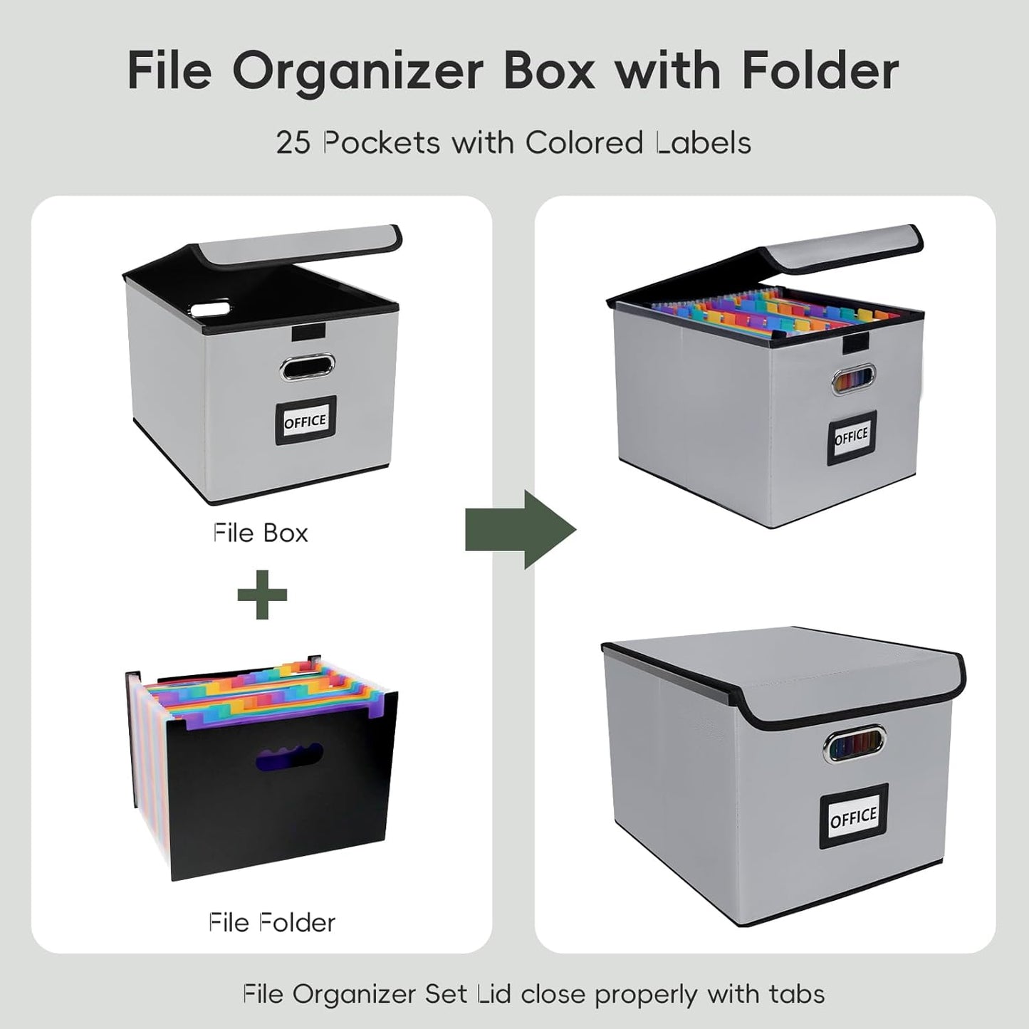 File Organizer Box with Folder, Accordion File Organizer 25 Pockets, File Folder Organizer with Lid for Home, Office, School, Silver