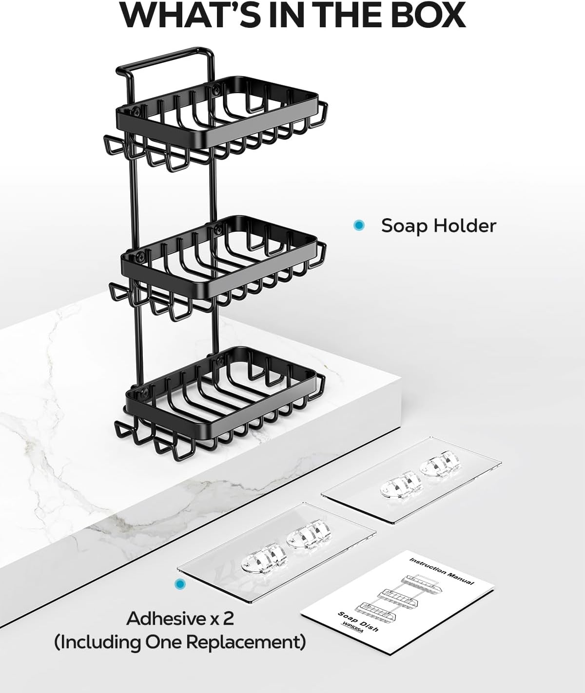 Nieifi 3 Tier Soap Holder Shower, Stainless Steel Adhesive Bathroom Shower Wall Dish Holder with Hooks, Black