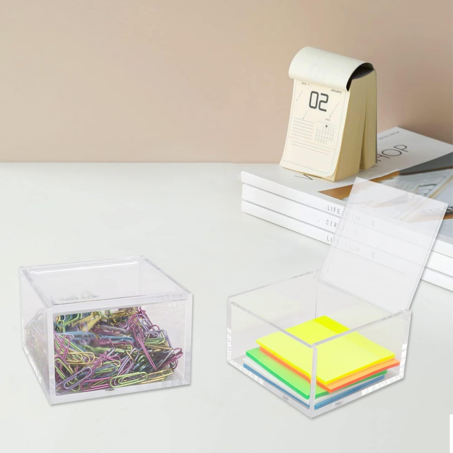 2 Pack Clear Acrylic Organizer with Lid for Paper Clips,Sticky Note,Qtip,Cotton Balls,Hair Ties Holder Acrylic Box for Home Office Bathroom Desk Organizer