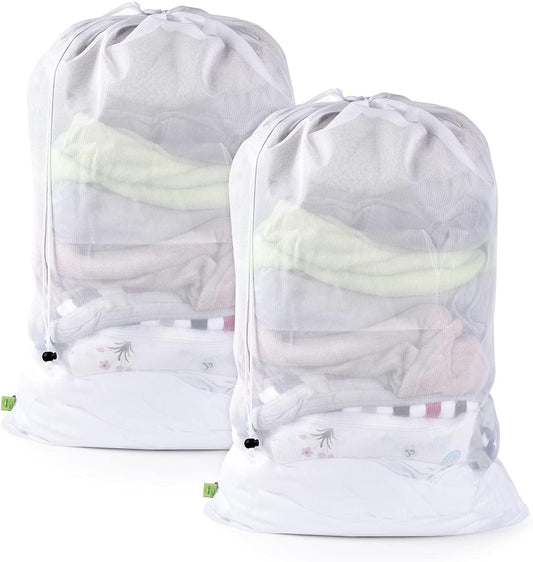 OTraki 2 Pcs Large Mesh Laundry Bags 24X36 Inch Heavy Duty Drawstring Laundry Wash Bag, Dirty Clothes Laundry Hamper Liner Machine Washable Storage Bag for Travel Dorm Camp Hotel Beach White
