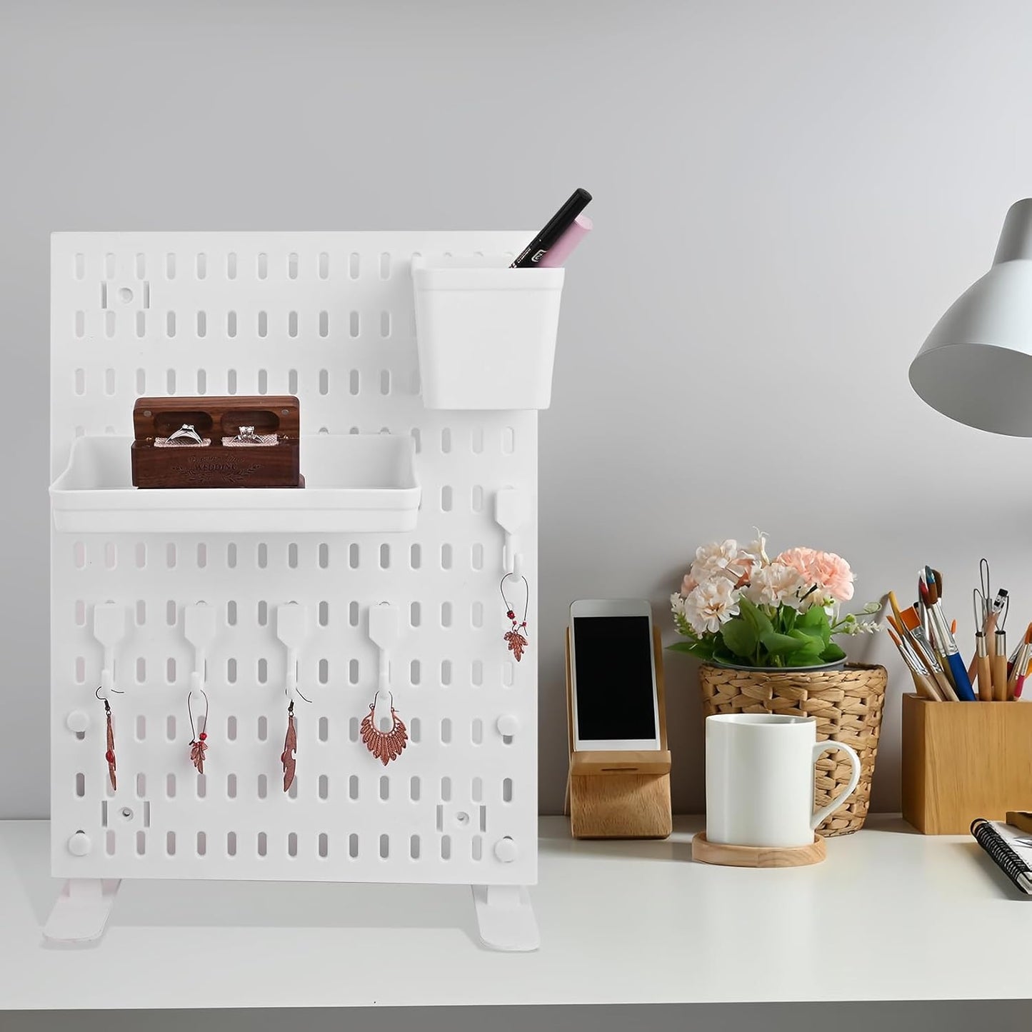 Desk Pegboard Combination Kit,Desk Organizer for Home Office,Plastic Peg Board with 7 Accessories Hooks Shelf Baskets, 16.5" x 11.8"