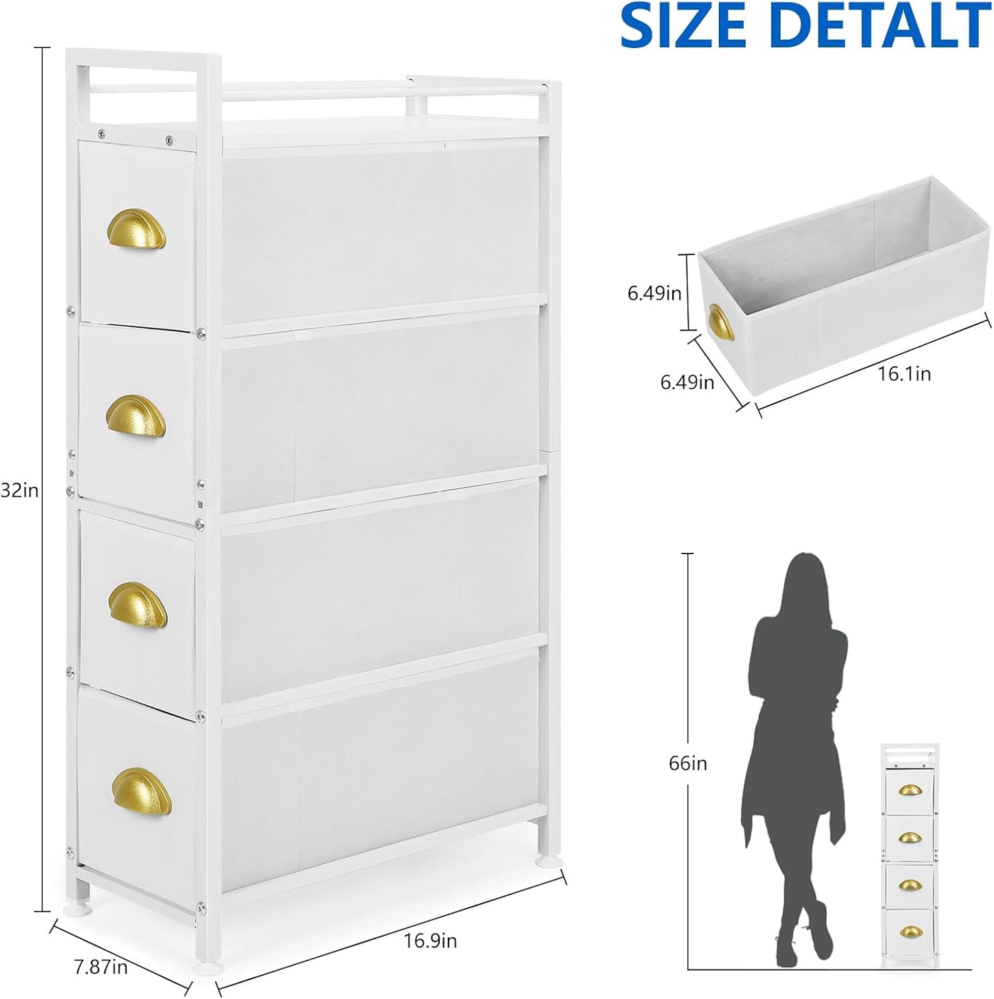 MOOACE Narrow Dresser Storage Tower with 4 Drawers, Slim Dresser Chest of Drawers, Vertical Small Fabric Dresser Standing, Wood Top Organizer for Bedroom, Bathroom & Laundry, White/Gold