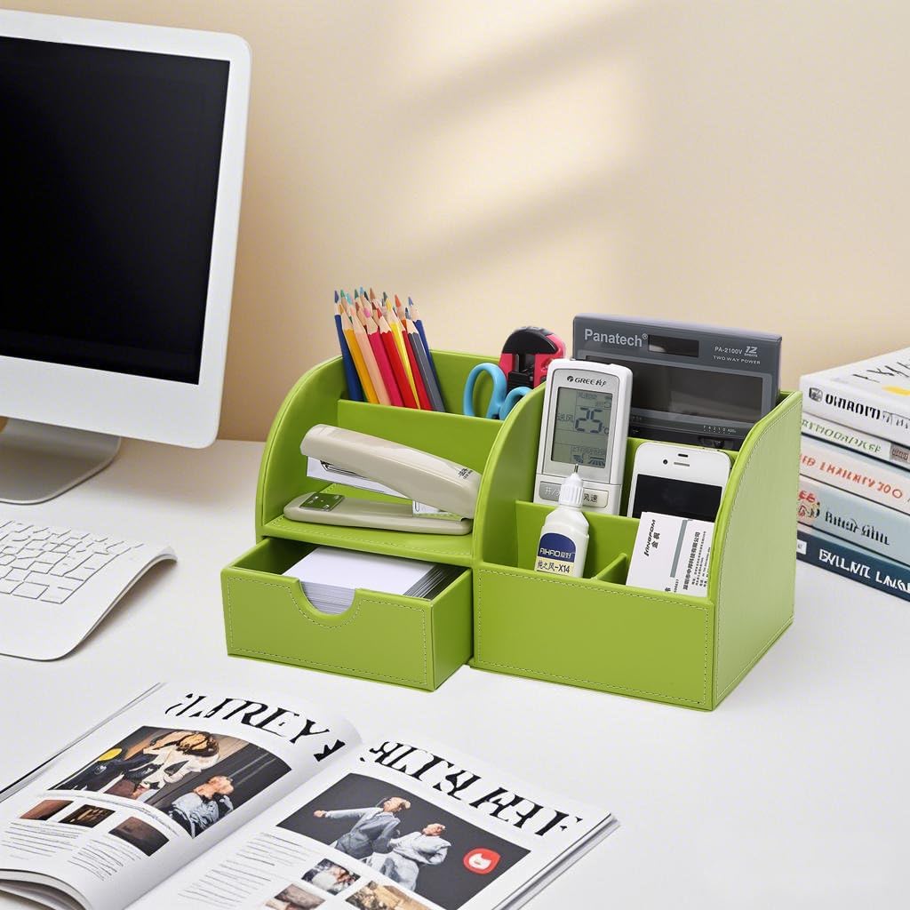 KINGFOM Pu Leather Desk Organizer Pen Pencil Holder Office Supplies Caddy Storage Box 6 Compartments with Drawer Green