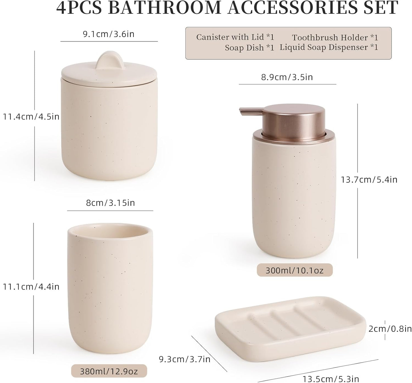 BosilunLife Ceramic Bathroom Accessories Sets - Apricot Bathroom Vanity Sets Accessories Soap Dispenser Toothbrush Holder Set, Soap Dish and Cotton Swab Jars, Bath Accessories Sets for Bathroom