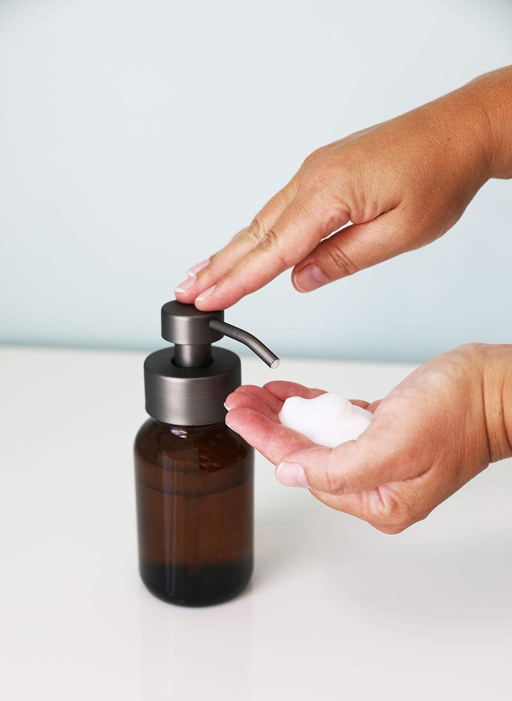 Rail19 Amber Glass Apothecary Foaming Soap Dispenser with Metal Pump - for Kitchen and Bathroom Countertop, 8.5oz (Grey Bronze)