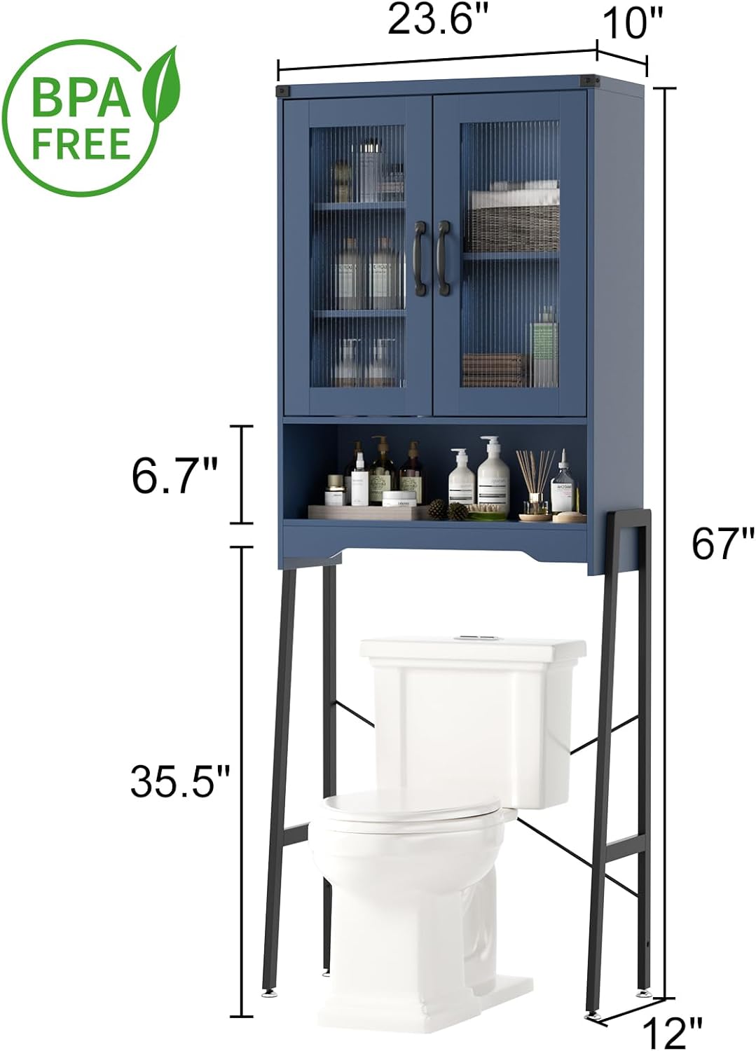 Over The Toilet Storage Cabinet with Tempered Glass Doors and Adjustable Shelf, Bathroom Organizer with Metal Stand Space Saver Over Toilet , Modern Toilet Rack for Bathroom, Restroom, Laundry, Blue
