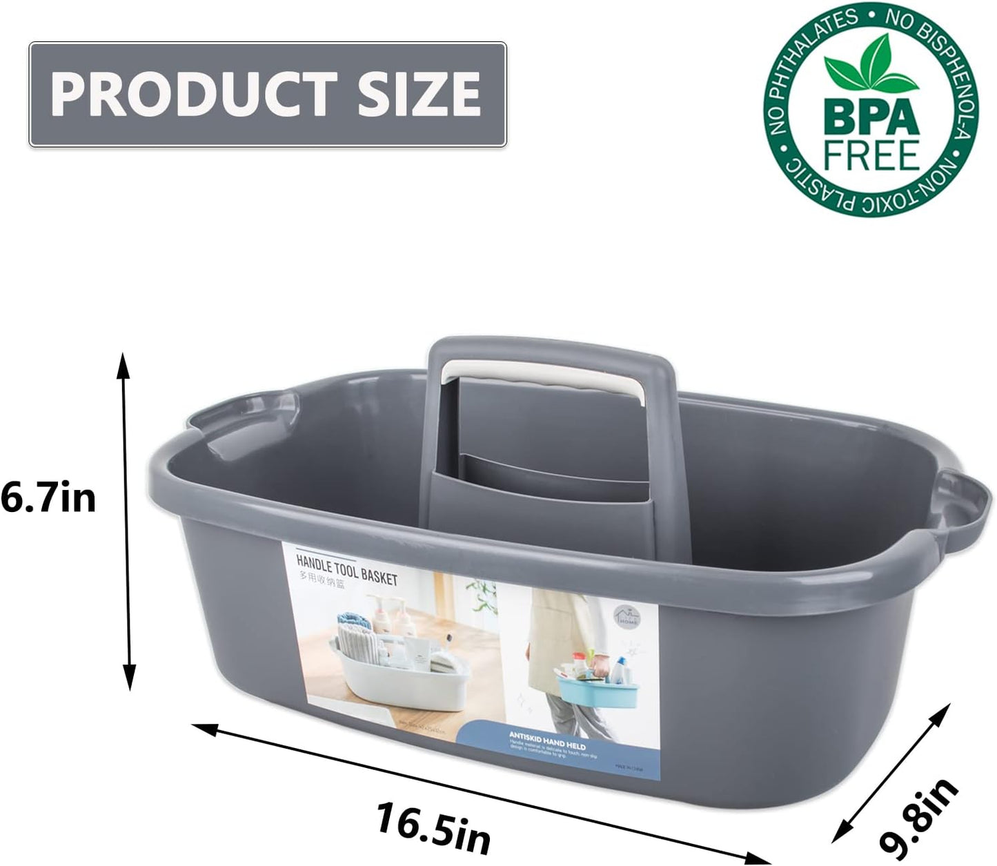 JiatuA Large Cleaning Supplies Caddy Portable Shower Basket Supply Organizer with Handle Plastic Bucket Tool Storage for Bathroom, Bedroom, Kitchen, College Dorm, Garden, Dark Gray