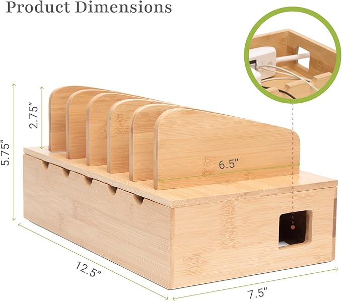 Prosumer's Choice Wooden Charging Station Organizer - 5-Port Base for Phones, Tablets and Laptops - Multi-Device Docking Station with Removable Divider Slots - Cord Box with Cable Management - Bamboo