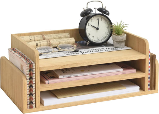 KIRIGEN Wood 3-Tier Office Desktop Document Tray - Mail Sorter Organizer Rack - Wooden Document Letter Stand for Folders, Mail, Stationary, Desk Accessories Natural(2TP-NA)