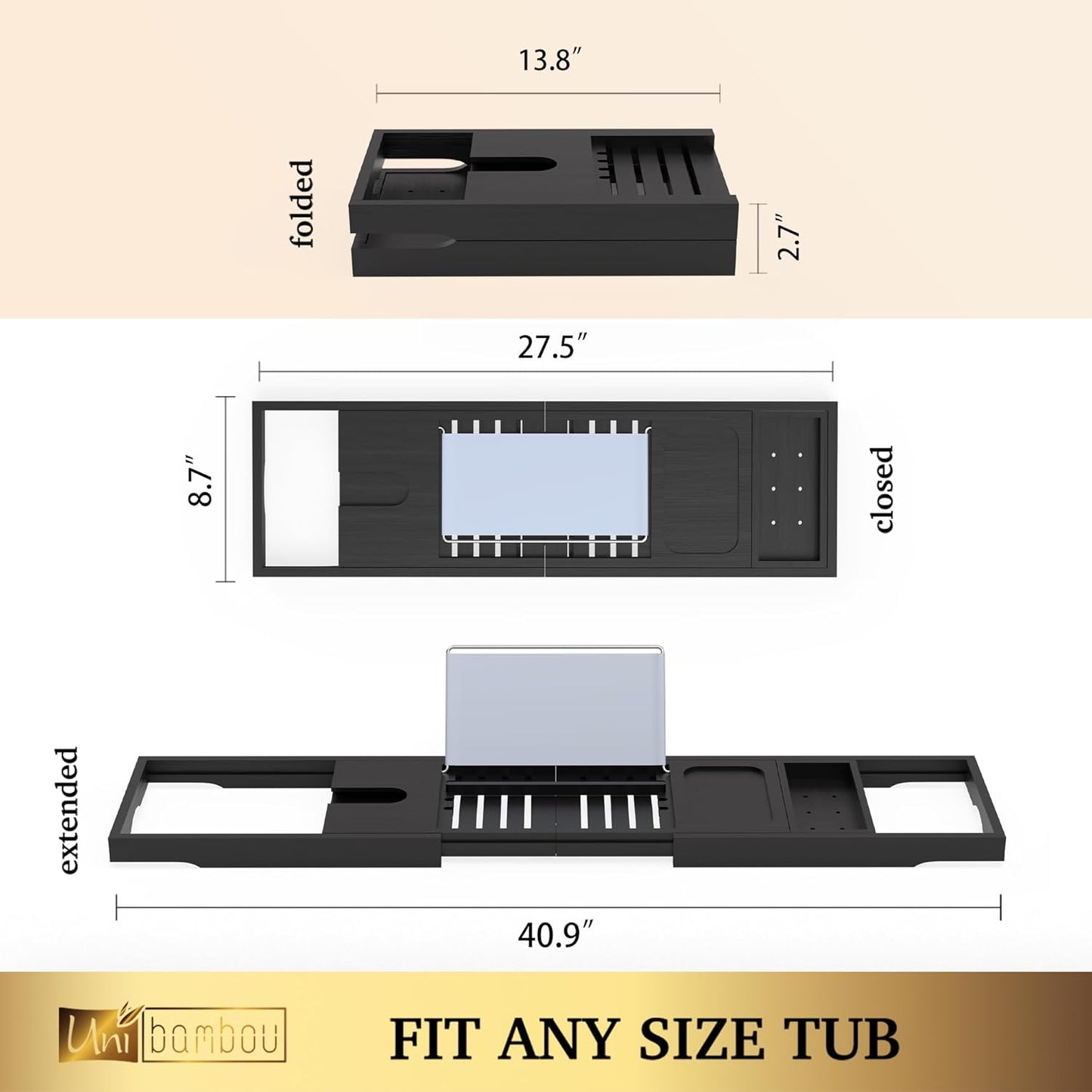 Foldable Bathtub Tray - Expandable Bamboo Bath Caddy Tray for Tub - Luxury Wood Bath Accessories, Perfect Spa Experience for New Home - Unique House Warming Gifts for Mom, Women, Couples