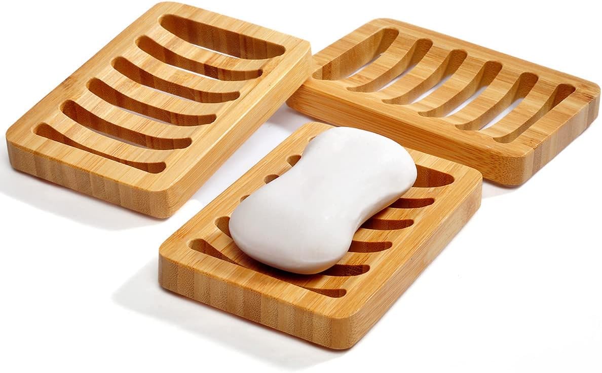 3 Pack Bamboo Wood Soap Dish Bar Soap Holder with Self Draining Tray Natural Waterfall Drain Soap Saver for Shower Bathroom Kitchen