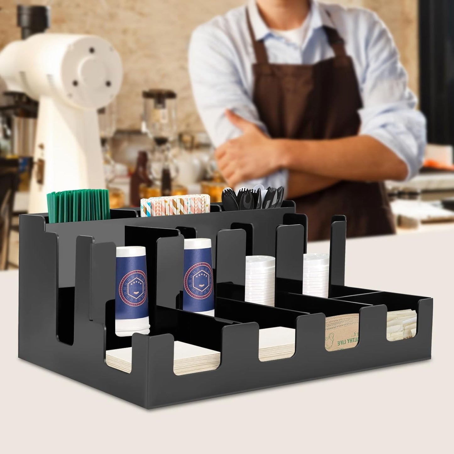 Coffee Bar Organizer for Countertop, Acrylic Coffee Station Organizer Condiment Organizer Coffee Cup Syrup Pod Holder, Coffee Bar Organizer for Home Office Cafe, 12 Compartment, Black