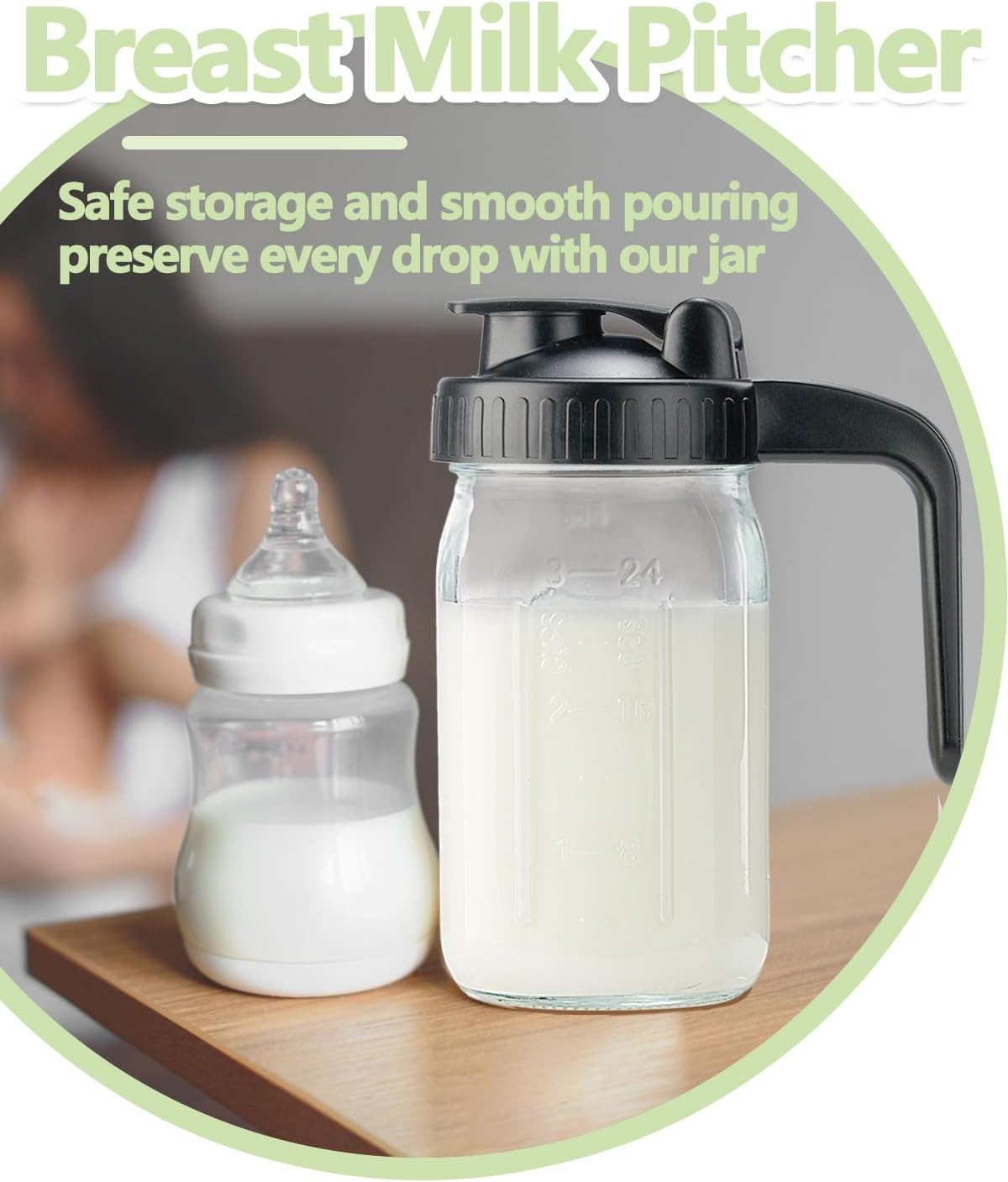 2 Pack 32oz Glass Pitcher with Lid & V-shaped Pour Spout - 1 Quart Breastmilk Pitcher Double Leak Proof, Creamer Container for Sun Tea, Juice, Cold Brew Coffee, Breastmilk Storage Container