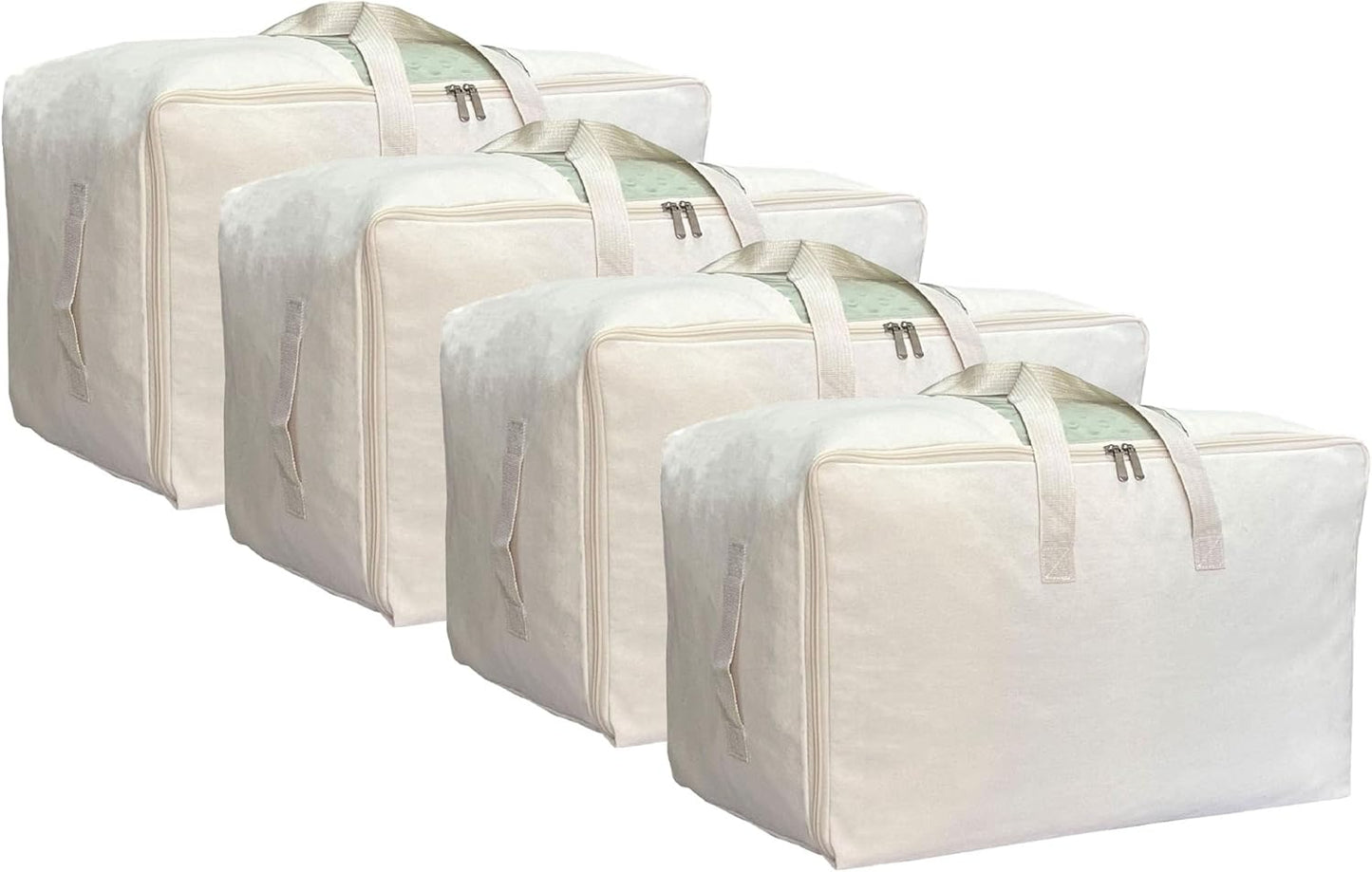 Soft Large Canvas Storage Bags with Zipper and Clear Window, Cotton Linen Storage for Pillows, Quilt, Blankets and Comforter, 80L, 4 Pack, Beige