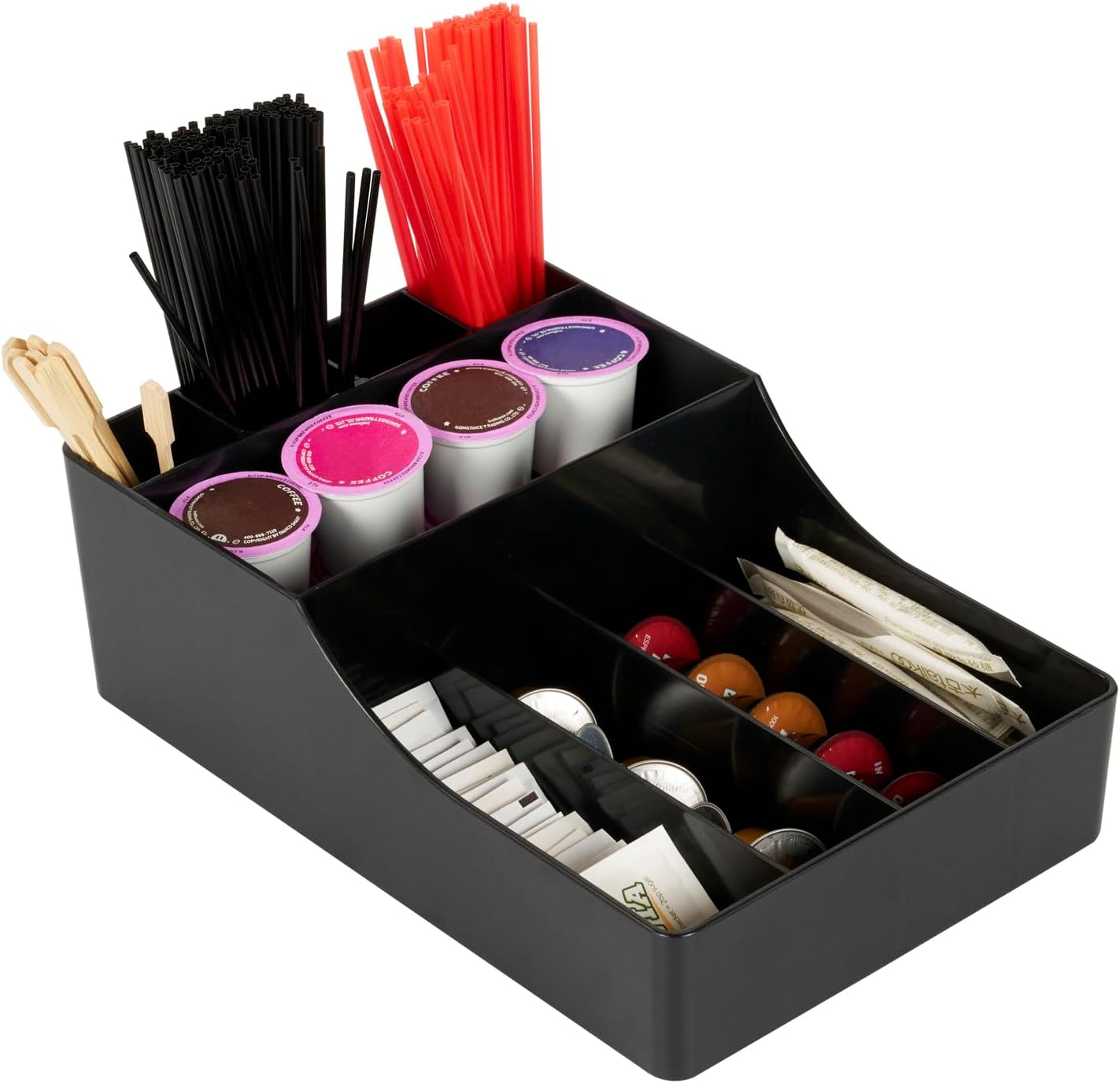 Restaurantware Restpresso Coffee Bar Organizer, 1 Count Durable 9 Compartments, Compact Size, Black Plastic Tabletop Coffee Supplies Organizer For Homes, Office Spaces, Breakrooms, and Lounges